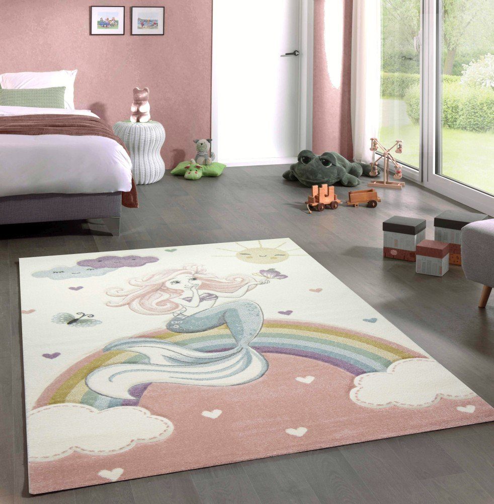 Kinderteppich Kinderteppich Spielteppich Babyteppich Meerjungfrau Prinzessin  pastell rosa, Carpetia, rechteckig, Höhe: 13 mm