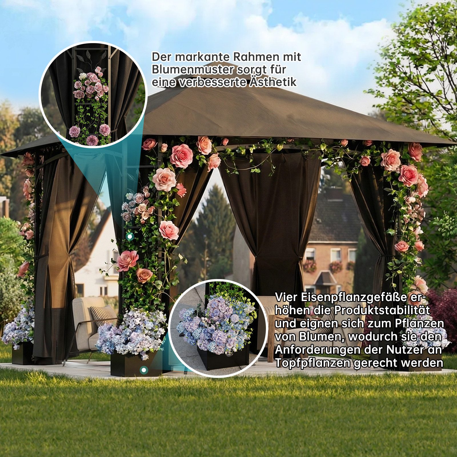 HOMALL Pavillon 300x300 Gartenpavillon mit Blumenkästen & Seitenteilen, UV-Schutz 50+, mit 4 Seitenteilen, (Wasserdicht und UV-Schutz 50+, Tragetasche mit Rollen, höhenverstellbar), Winterfest und wasserdicht gartenzelt, Stabiler Eisenrahmen
