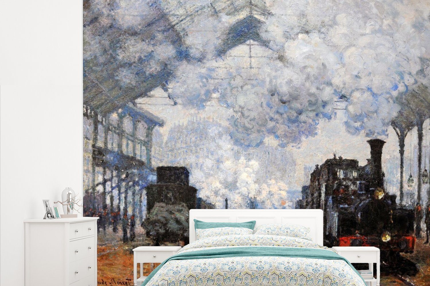 MuchoWow Fototapete Außenansicht des Bahnhofs Saint-Lazare - Gemälde von Claude Monet, Matt, bedruckt, (5 St), Vliestapete für Wohnzimmer Schlafzimmer Küche, Fototapete