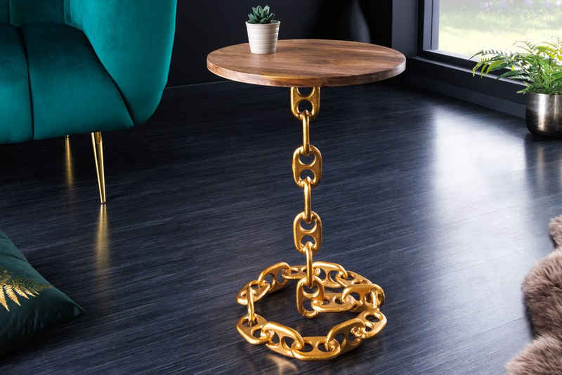 riess-ambiente Beistelltisch CHAINS Ø55cm gold / natur (Einzelartikel, 1-St), Wohnzimmer · Mango-Massivholz · Metall Kettengestell · rund · handmade