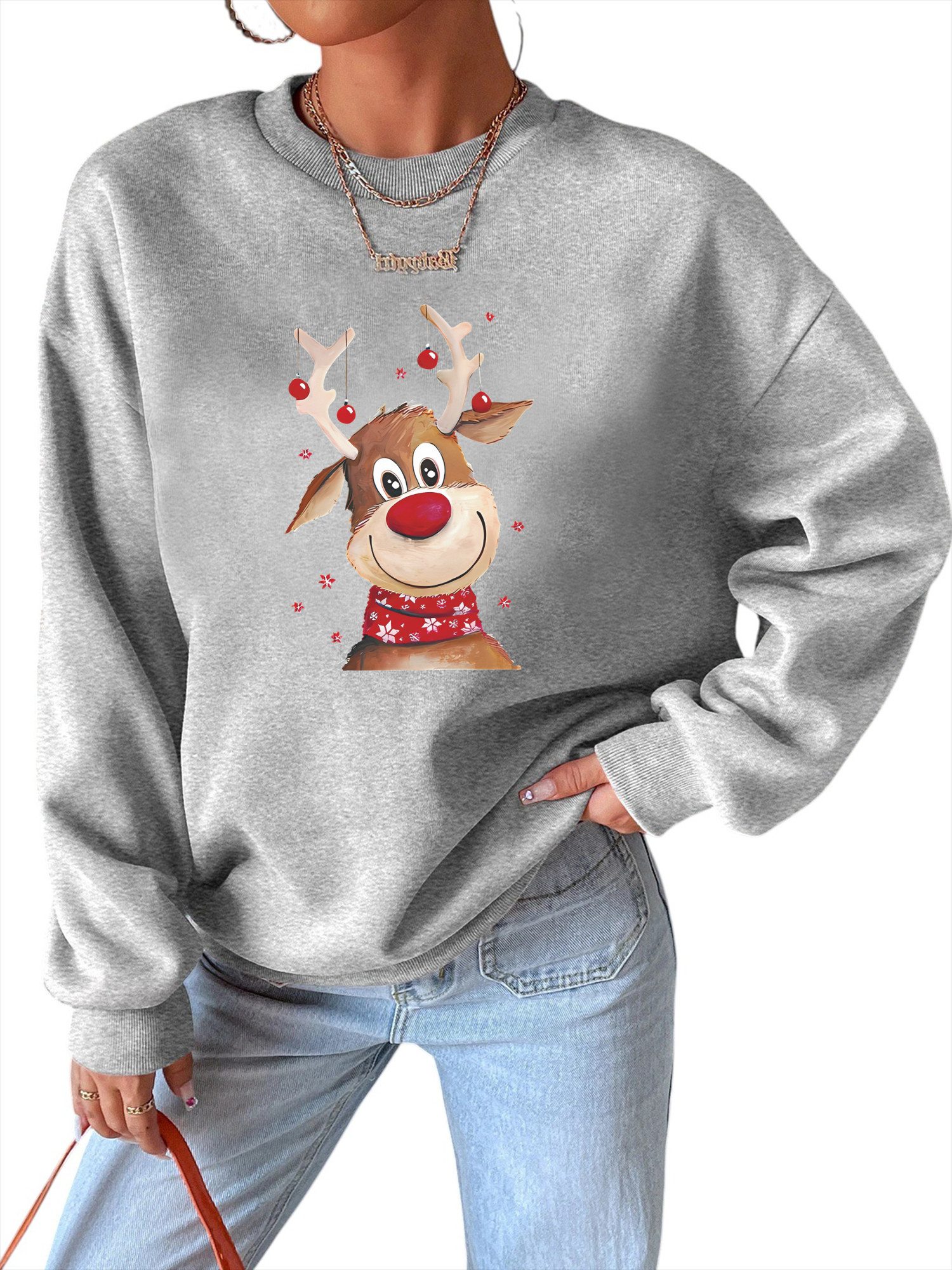 PYLIKE Fleecepullover Damen Weihnachten Sweatshirts mit Cartoon-Elch Druck günstig online kaufen