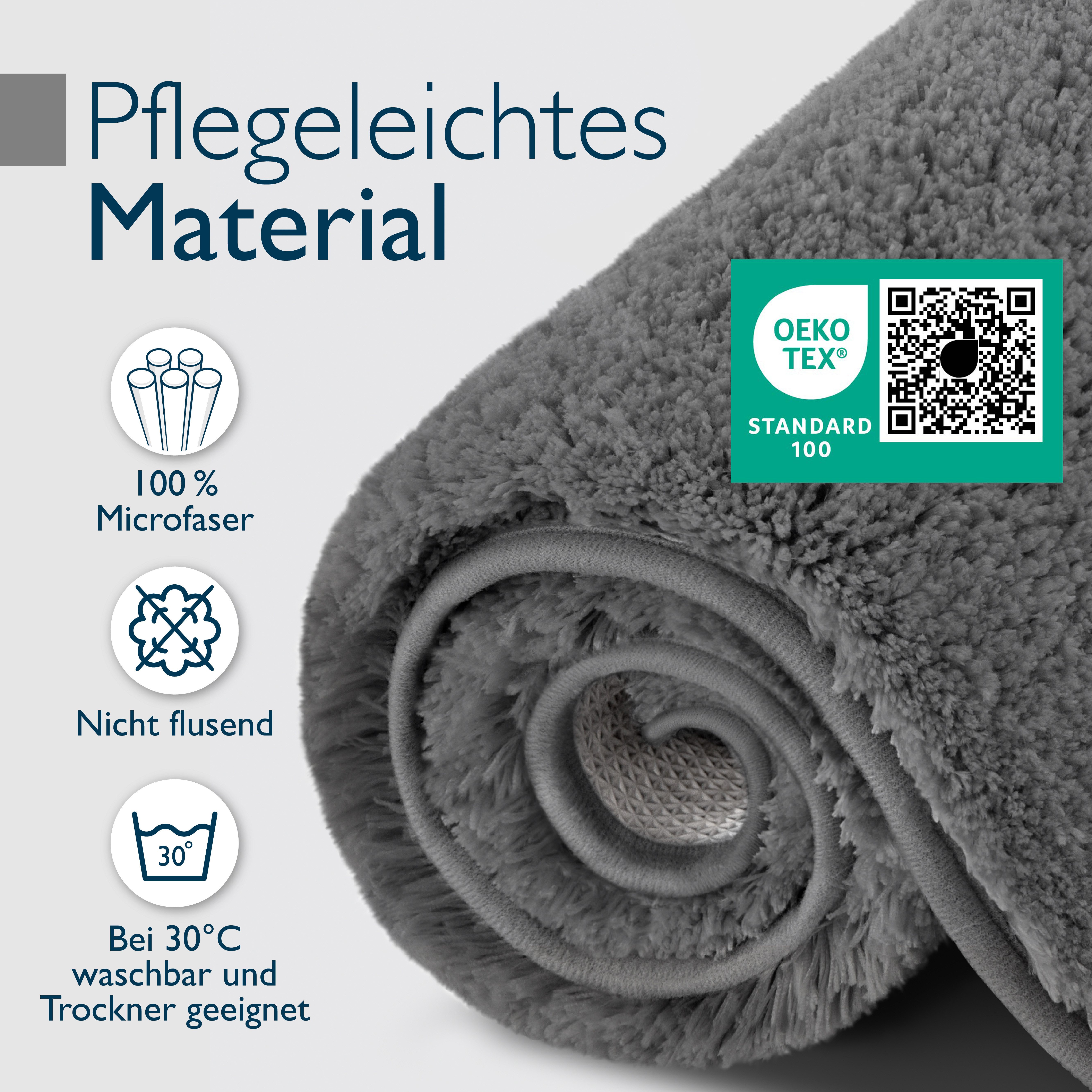 Beautissu Badematte Badematte rutschfest BeauMare FL, 60x50cm, Anthrazit, Höhe 30 mm, Polyester, 60x50 cm Duschvorleger Hochflor Badteppich rutschfest Waschbar  – Bild 5 von 5