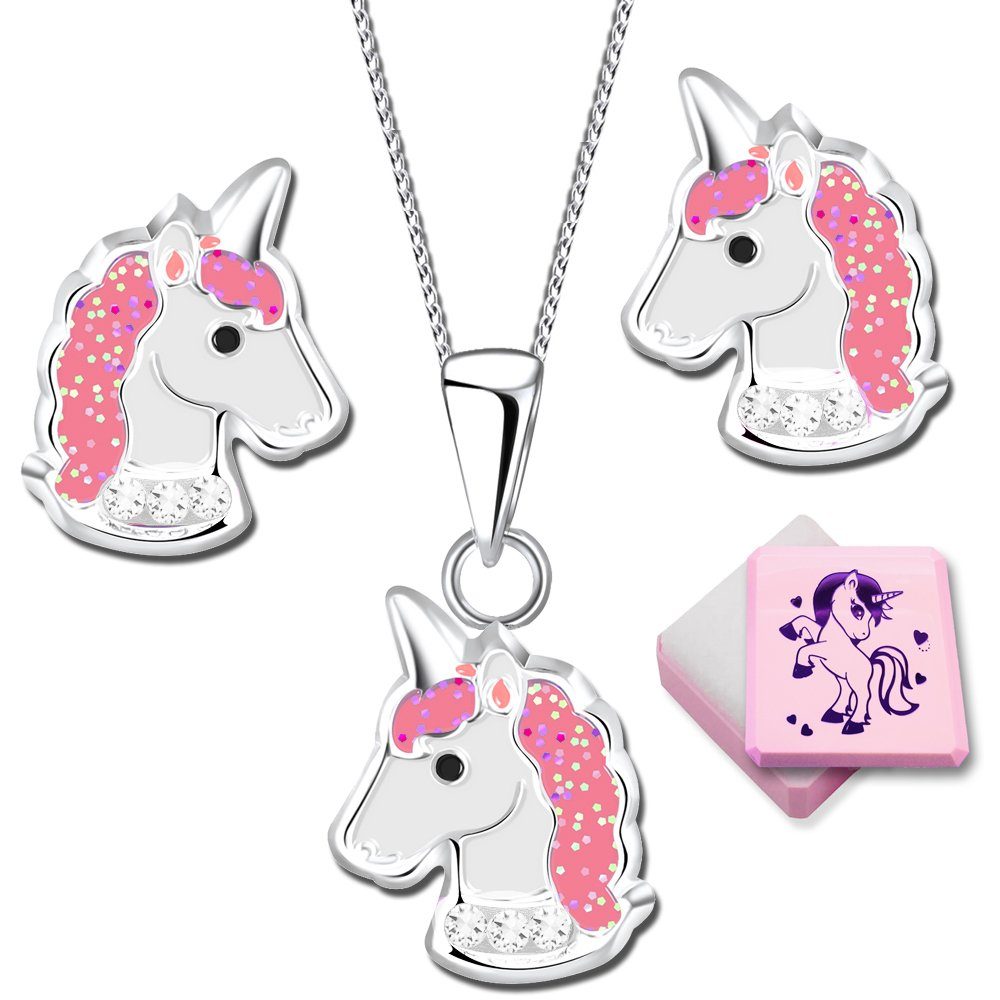 Limana Schmuckset echt 925 Sterling Silber Einhorn Pferde Kette mit Ohrringe Ohrstecker, Anhänger Glitzer Geschenkidee Geschenk K207 K237 40+5cm V9