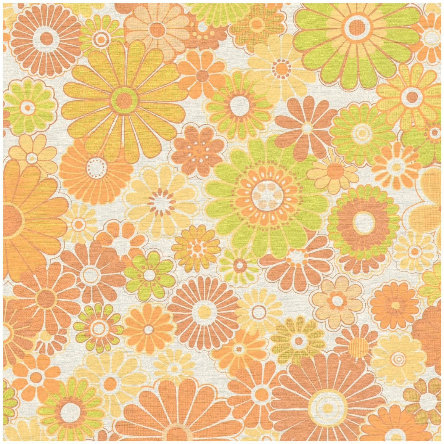 Profhome Vliestapete 395355-GU Retro Tapete Blumen matt gelb ocker-braun creme-weiß, geprägt, (1 Rolle, 4,51 qm), heißgeprägte Vliestapete, gelb