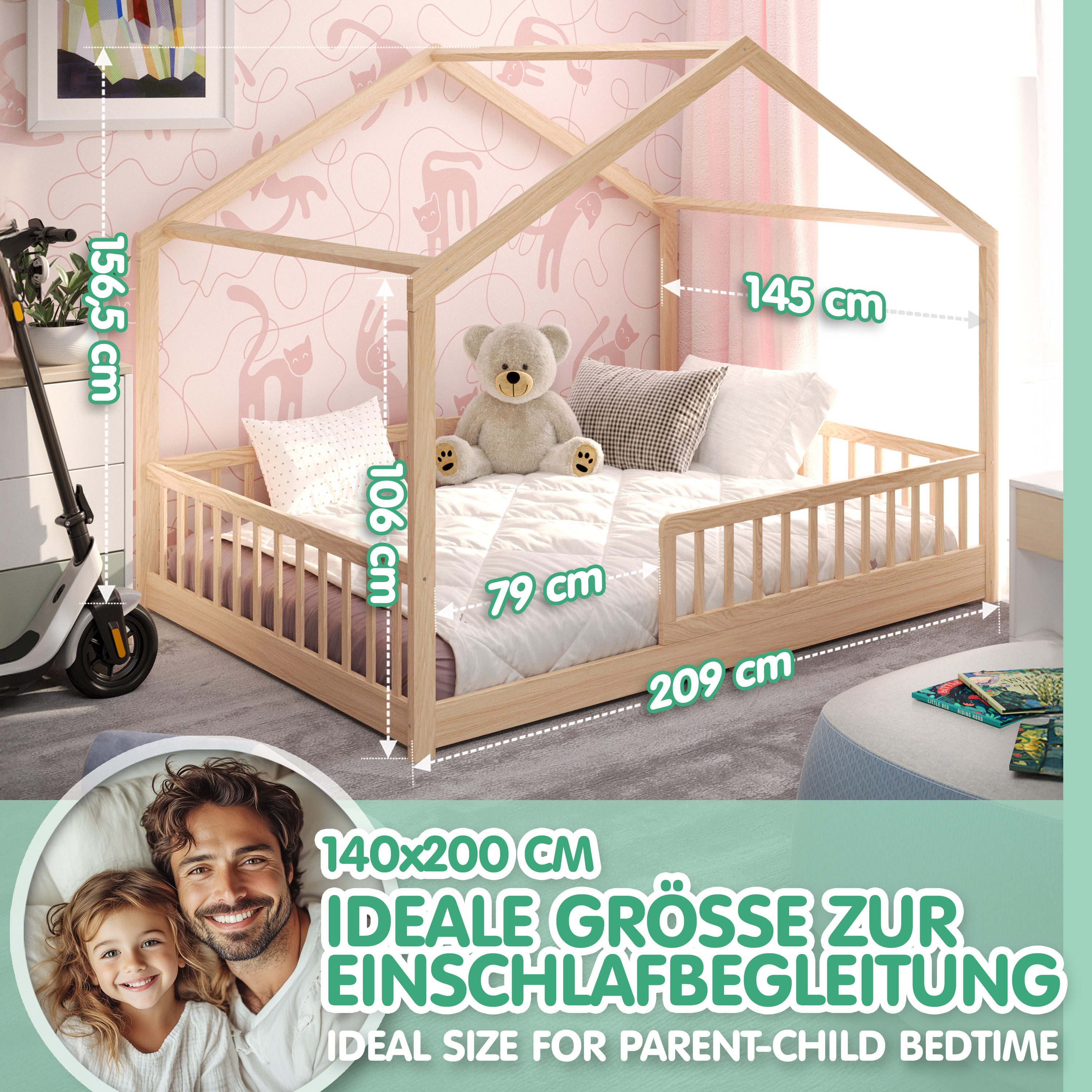 CADANI Kinderbett Malte Hausbett Bodenbett Rausfallschutz abnehmbar bis 200 kg belastbar (140x200 cm, Montessori Kinder- & Jugendbett aus Kiefer Massivholz), inkl. stabilem Roll-Lattenrost, langfristig nutzbar, Natur