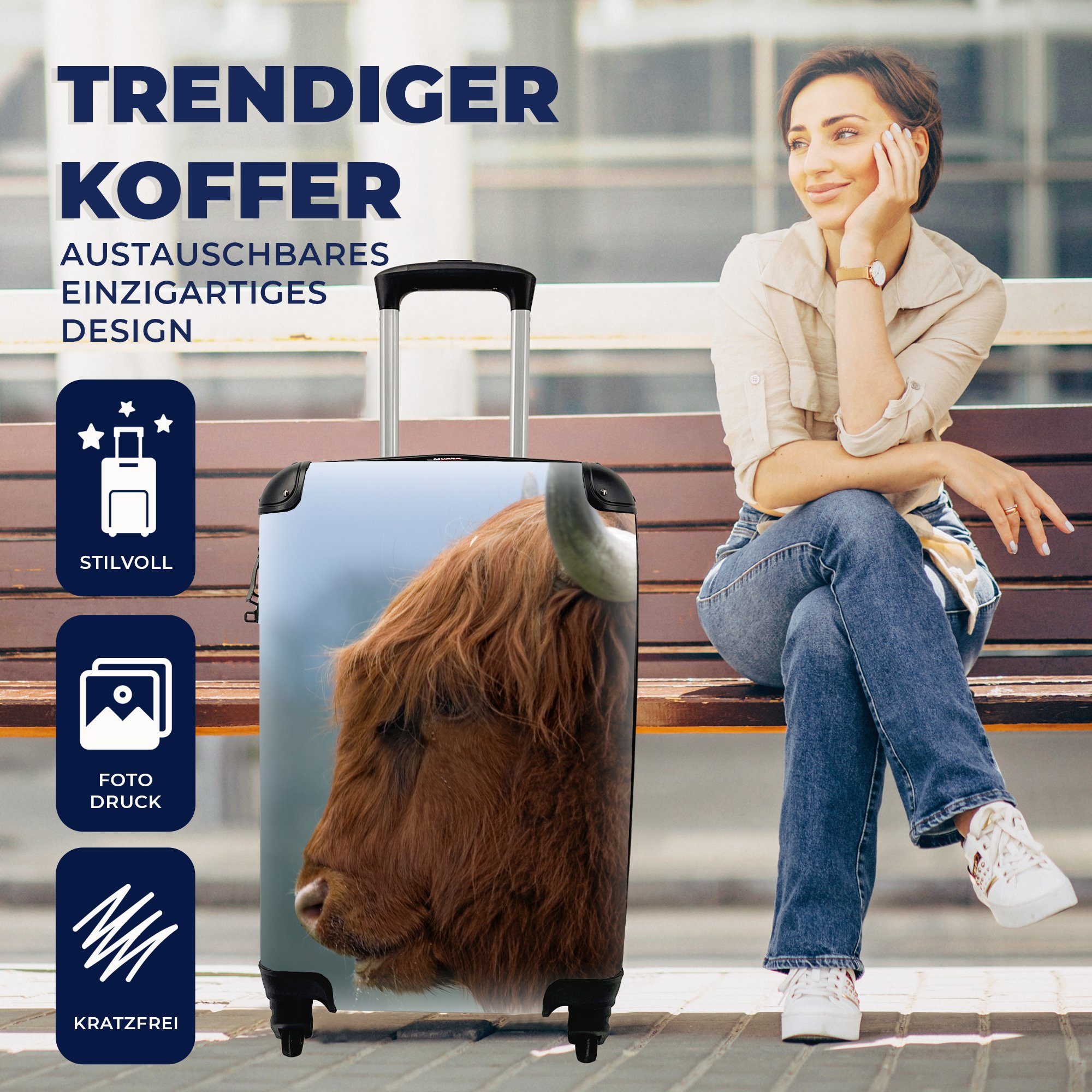 Trolley, Reisetasche - Nebel, 4 Reisekoffer Highlander Tiere Handgepäckkoffer für - Schottische rollen, Handgepäck mit MuchoWow Ferien, Rollen,