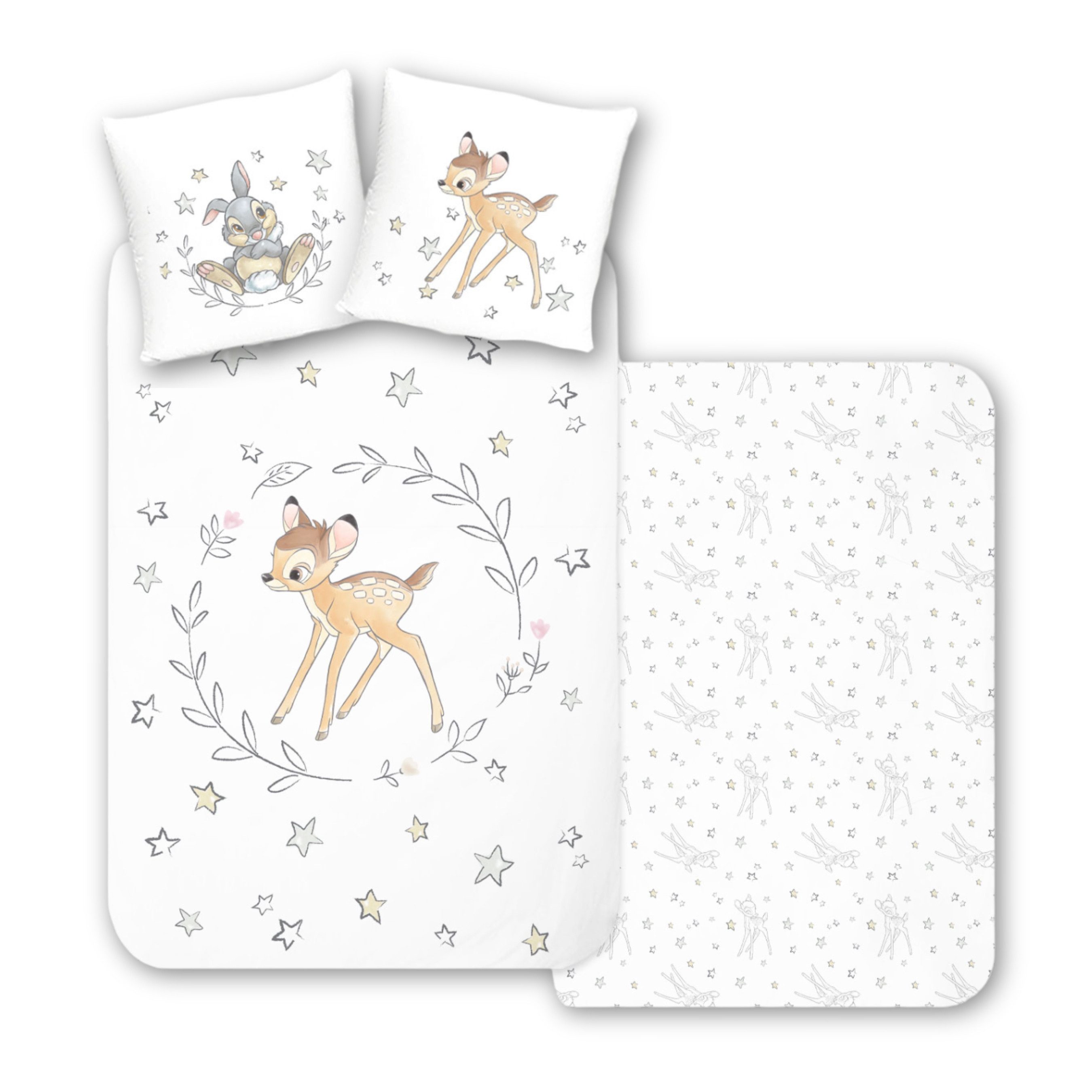 MTOnlinehandel Kinderbettwäsche "Stars" Bambi & Klopfer, Biber/ Flanell in 135x200 + 80x80 cm, Disney, 100% Baumwolle, 2 teilig, kuschelig weich für Herbst und Winter, Jungen und Mädchen, Sterne