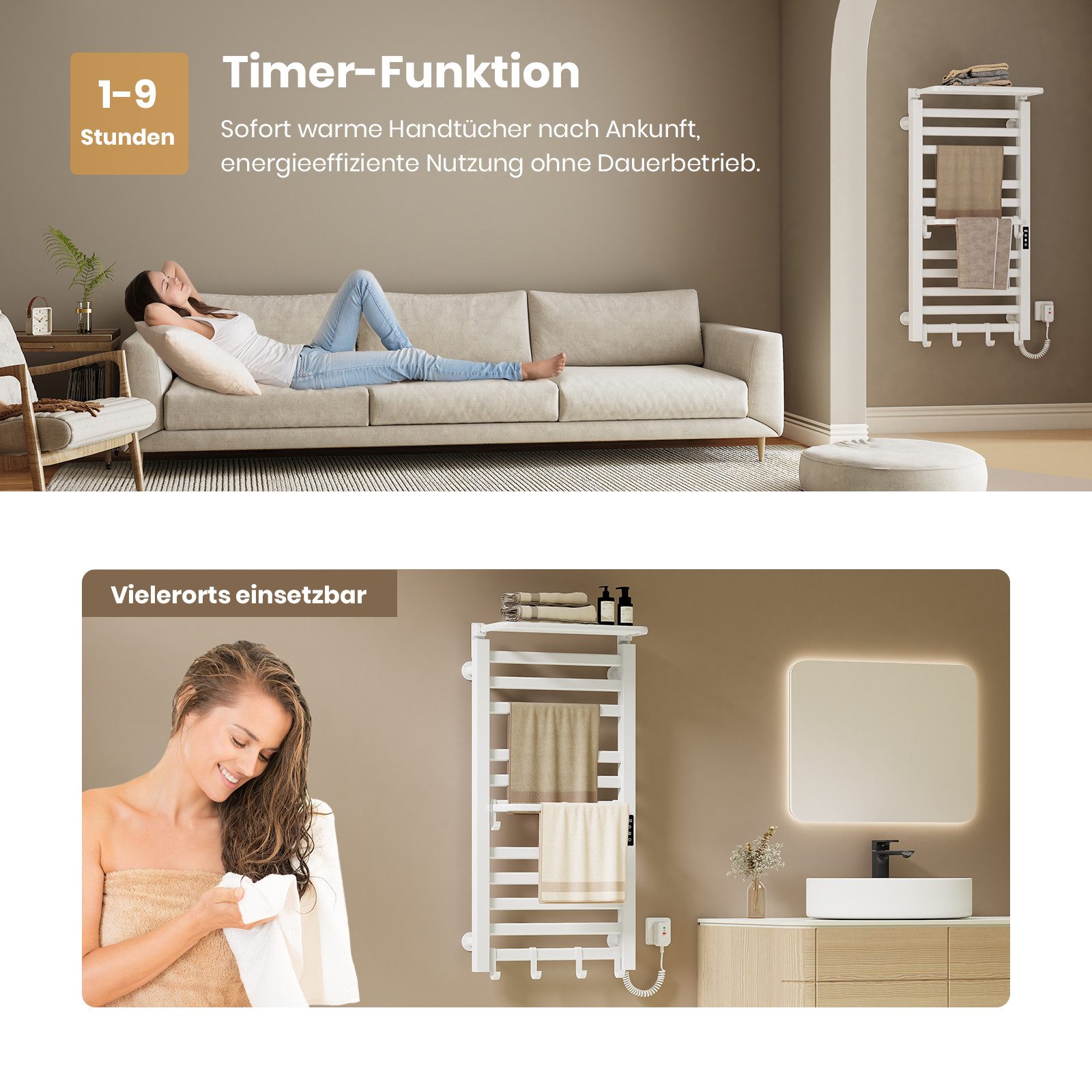 EMKE Elektrischer Badheizkörper Handtuchwärmer handtuchheizkörper mit Intelligent Thermostat, mit faltbarer Ablage Haken Gerade Handtuchhalter elektisch