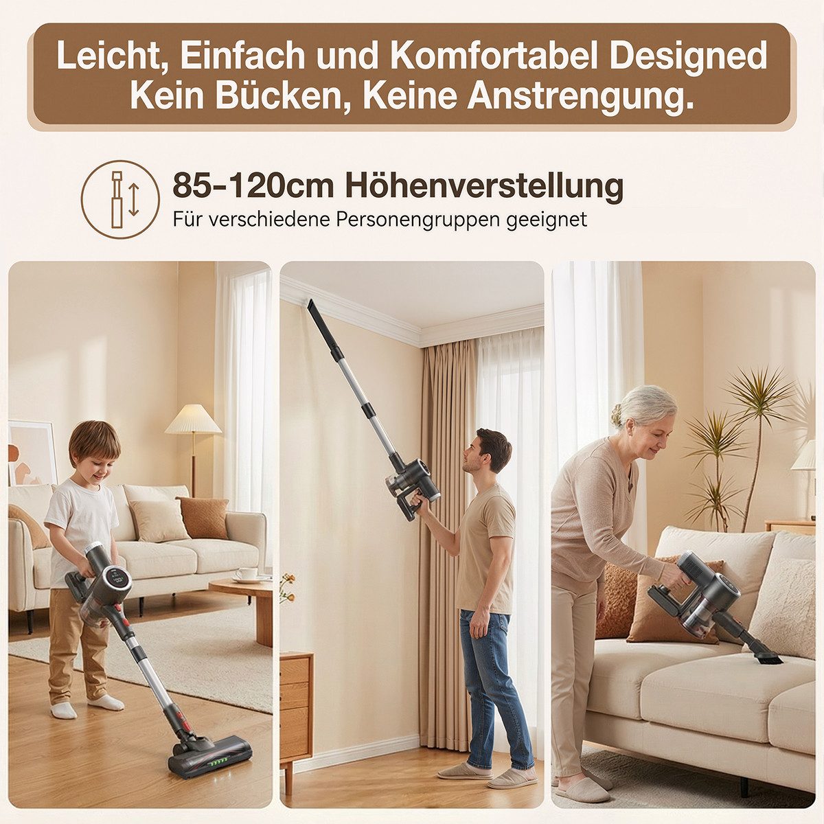 PRASKY Stielstaubsauger Akku Staubsauger Kabellos, Stielstaubsauger 65kPa/50Min, HEPA-Filter, 550 W, mit Beutel, staubsauger kabellos 550W Leicht und ideal für kleine Wohnungen