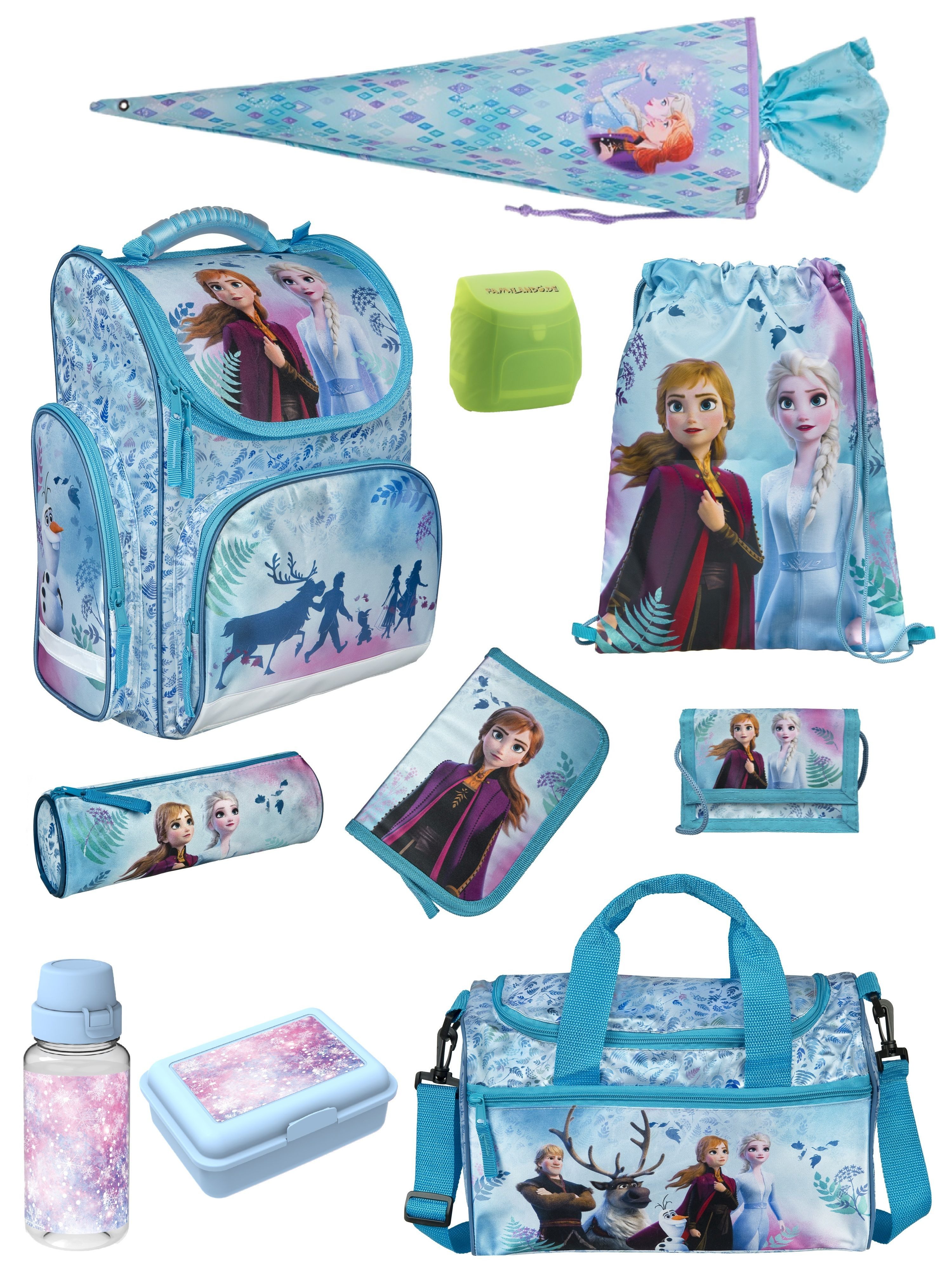 Familando Schulranzen Clou Schultasche Frozen Die Eiskönigin, blau - ab 1. Klasse (Komplett-Set, 10-tlg., mit Lunch-Set, Sporttasche und Schultüte 85cm), mit Anna & Elsa