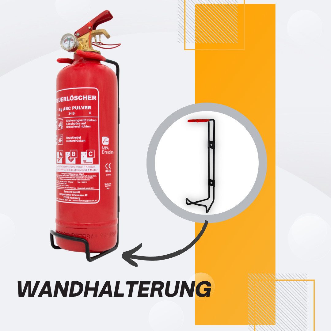 Sensorit Pulver-Feuerlöscher 1kg Feuerlöscher, Autolöscher mit Halterung und Instandhaltungsschild, Pulver, (1-St)