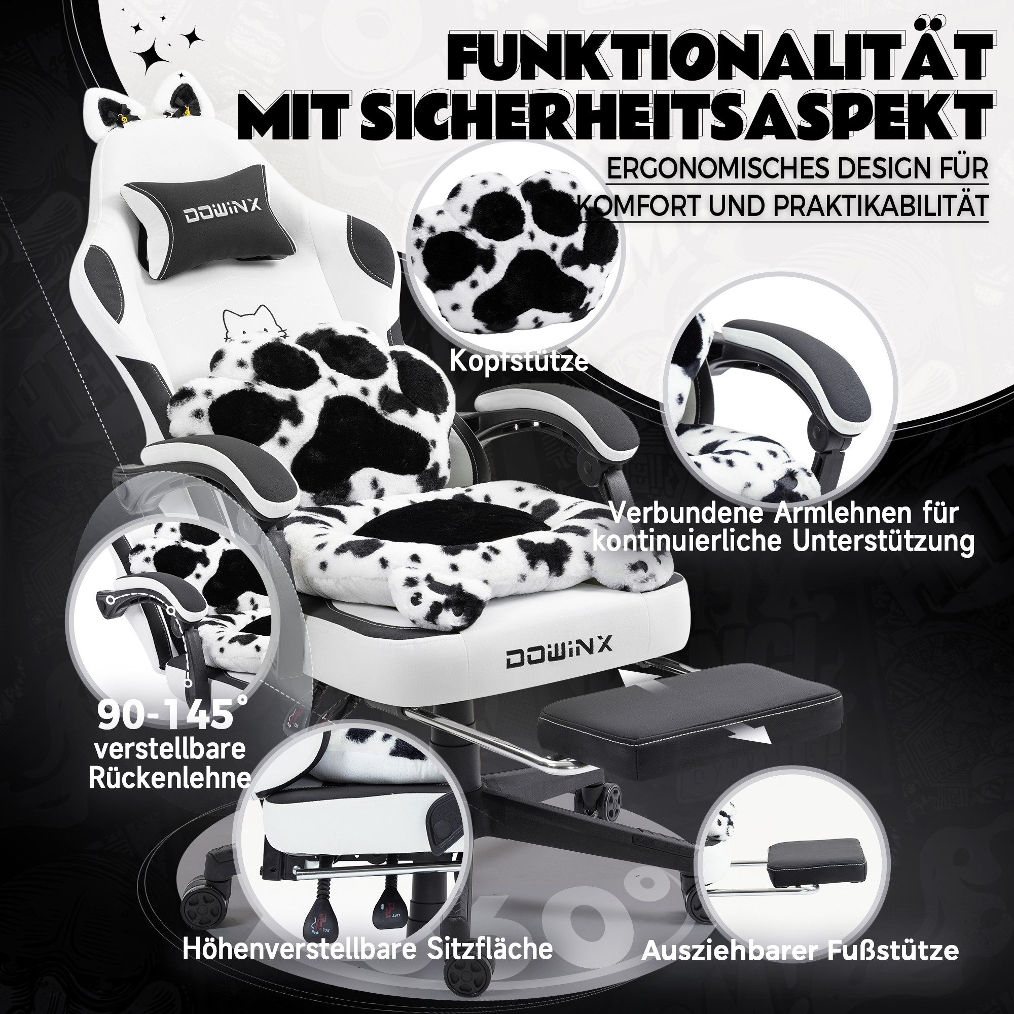 Dowinx Gaming-Stuhl Niedlich mit Katzenohren, Pfoten-Lendenkissen und Sitzkissen, (Packung), Ergonomischer Computerstuhl mit Fußstütze, PC-Spiele-Stuhl für Mädchen