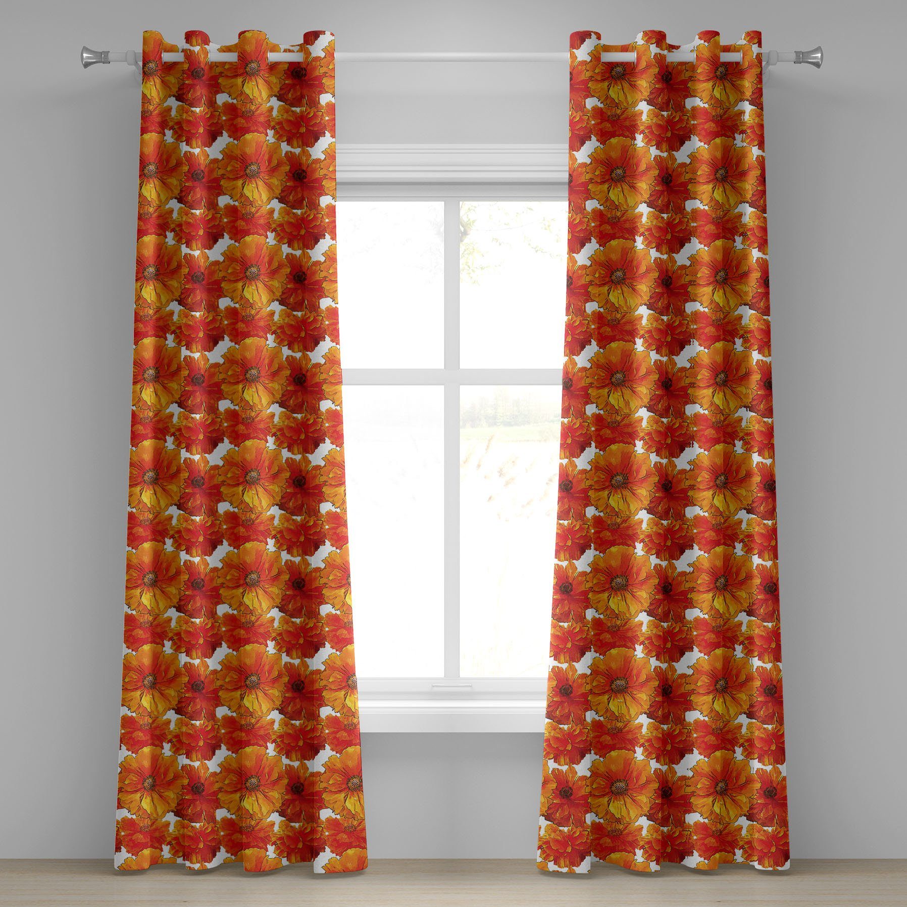 Handfarben-Stil-Blüten 2-Panel-Fenstervorhänge für Gardine Abakuhaus, Schlafzimmer Wohnzimmer, Dekorative Mohn
