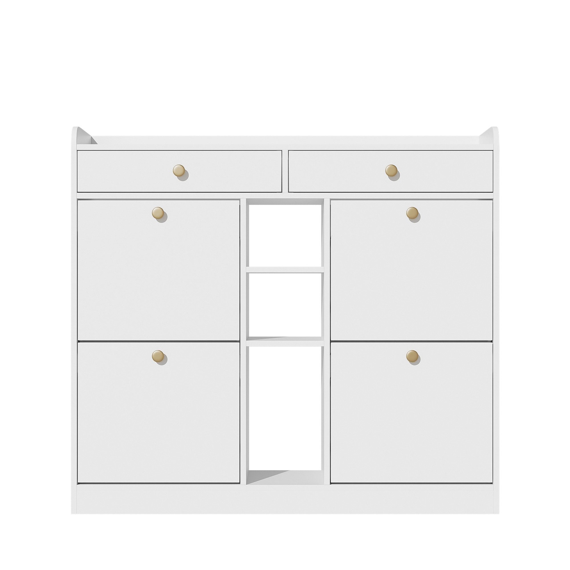Merax Schuhschrank mit 4 Klapptüren, 2 Schubladen & 3 offenen Fächern (1-St) Kommode Schrank Schuhkommode Schuhregal, 110x26x100 cm