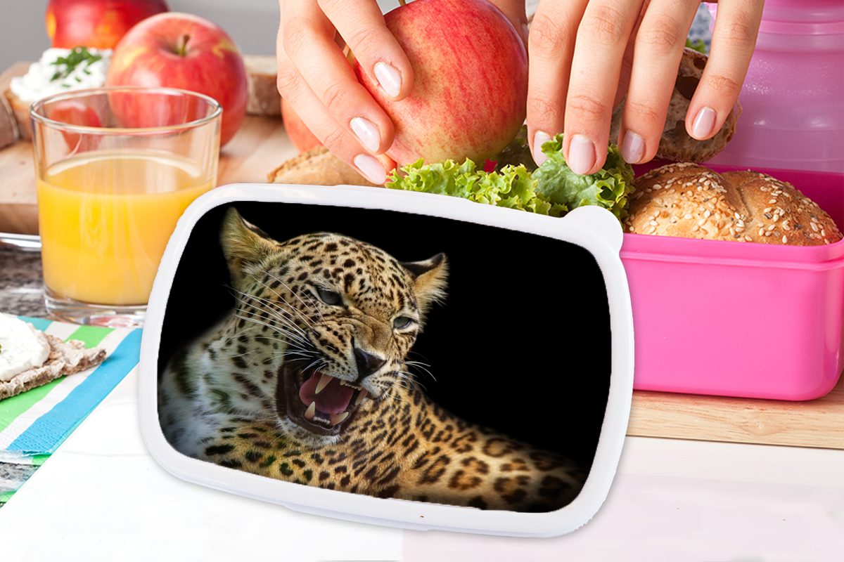 Brotdose Leopard - Schwarz, für Erwachsene, MuchoWow Kunststoff Mädchen, (2-tlg), Lunchbox Kunststoff, Tiere Kinder, - rosa Snackbox, Brotbox