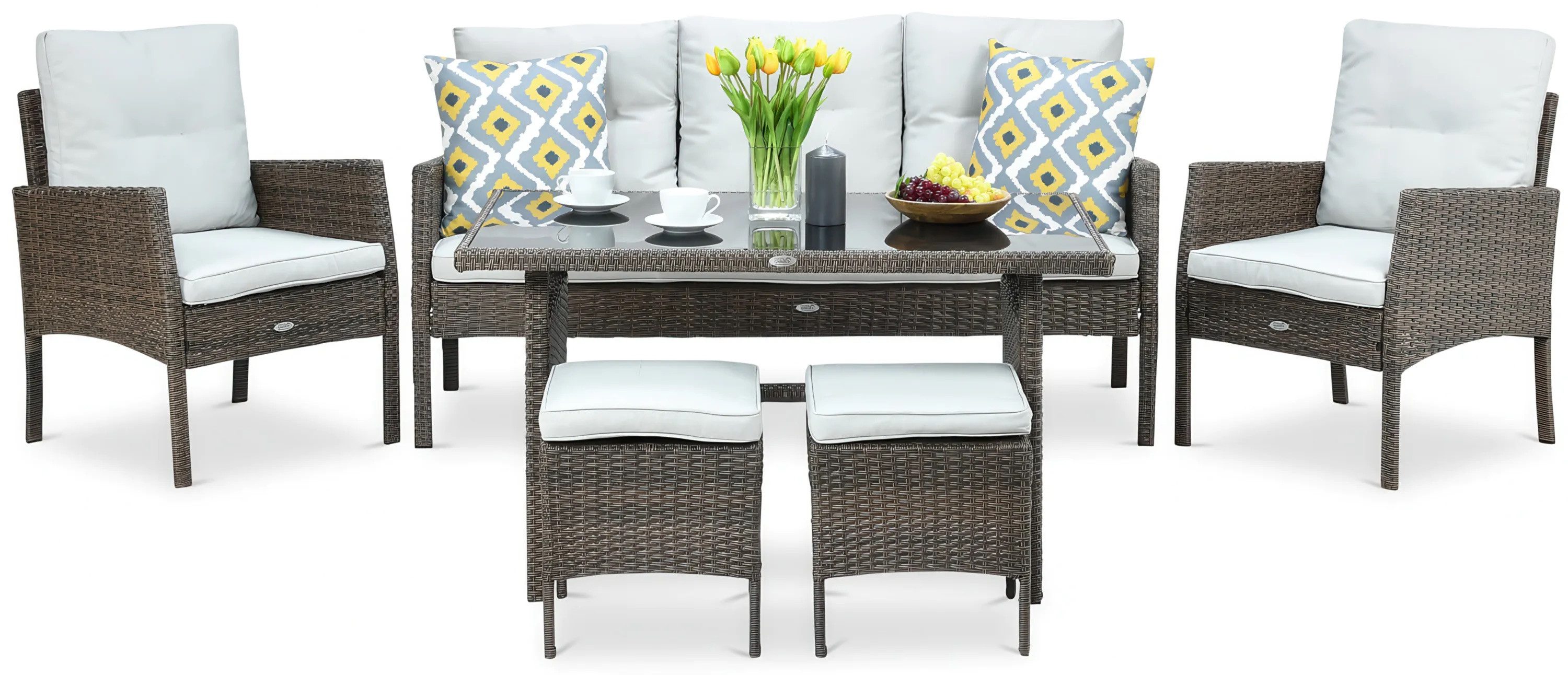 Focus Garden Gartenlounge-Set "CORTINA" Polyrattan mit Tisch + Hocker, Witterungsbeständig, (7-tlg), für bis zu 7 Personen, mit Kissen, Gartenmöbel-Set