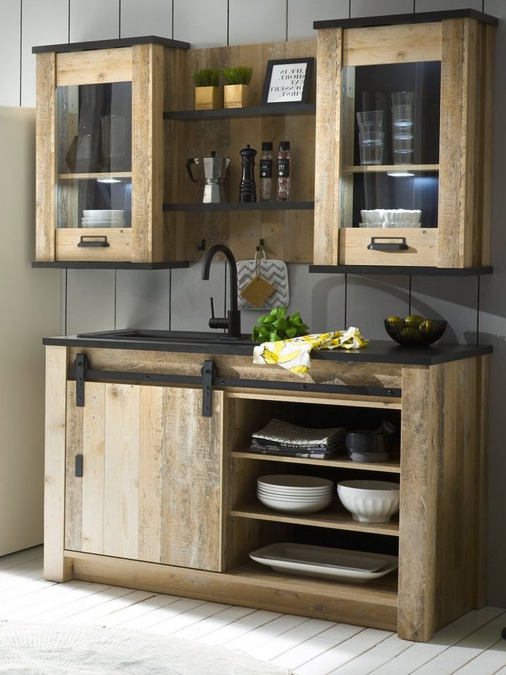 Furn.Design Küchenbuffet Stove (Küche in Used Wood und Anthrazit, Set  6-teilig) mit Schwebetüren und Soft-Close-Funktion
