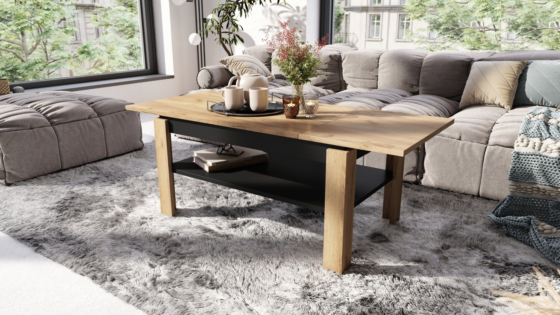 ausziehbar Couchtisch craft Tisch Schwarz Eiche mit Gold Couchtisch Design matt Ablagefläche Asti-R designimpex Esstisch /
