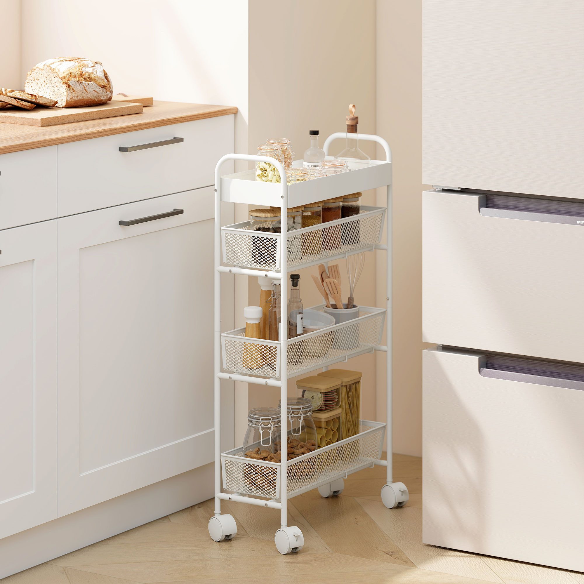 HOMCOM Küchenwagen mit Rollen, 3 Ausziehkörben, oberer Ablage, Griffen, (Servierwagen, 1 St., Rollwagen mit 4 Ebenen), für Wohnzimmer, Küche, Bad, Büro, Weiß, 43,2 x 19 x 80 cm