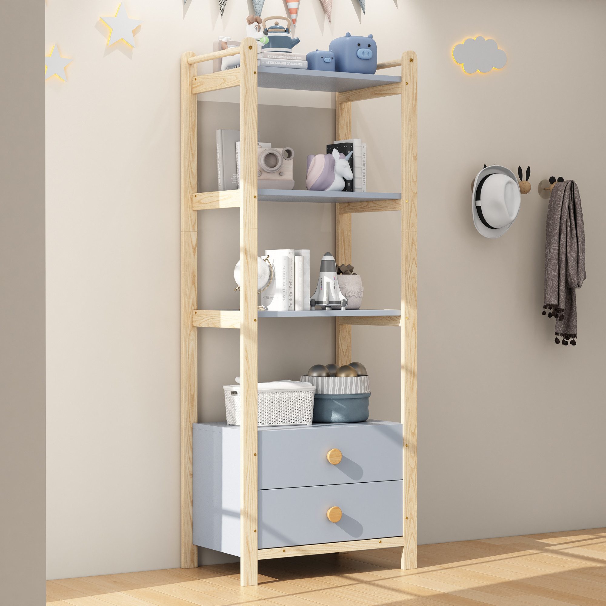 KEFEYA Kleiderschrank für Kinder & Erwachsene (mit 4 Ablageebenen, 2 Schubladen und Kiefernholzrahmen, offenes Standregal für Wohnzimmer, Schlafzimmer & Arbeitszimmer, Blau/Natur, 1-St., 70×44×180cm)