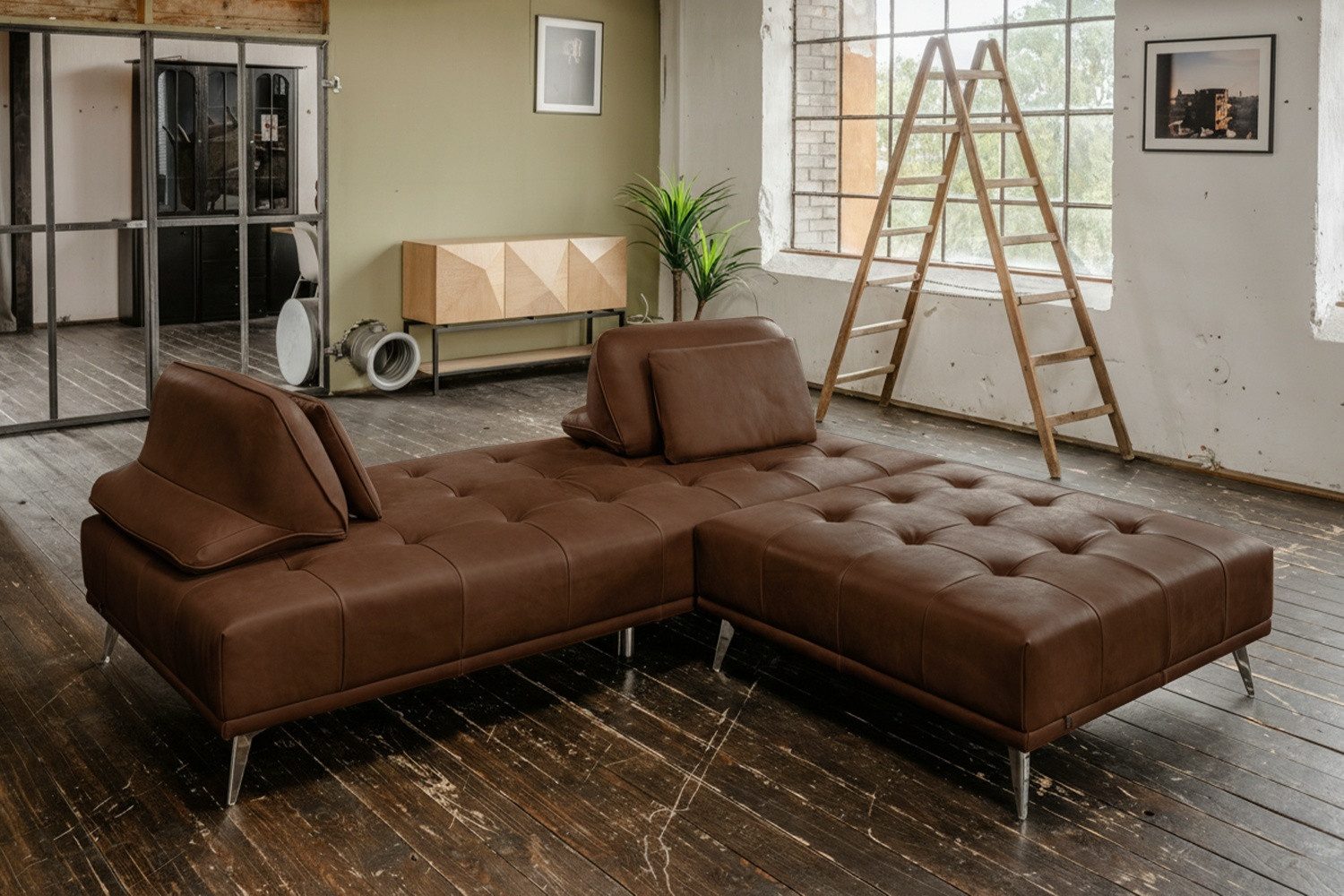 KAWOLA Schlafsofa WIOLO Daybed Leder dunkelbraun - Komfort & Flexibilität, Couch mit Schlaffunktion, inklusive Kissen und Hocker