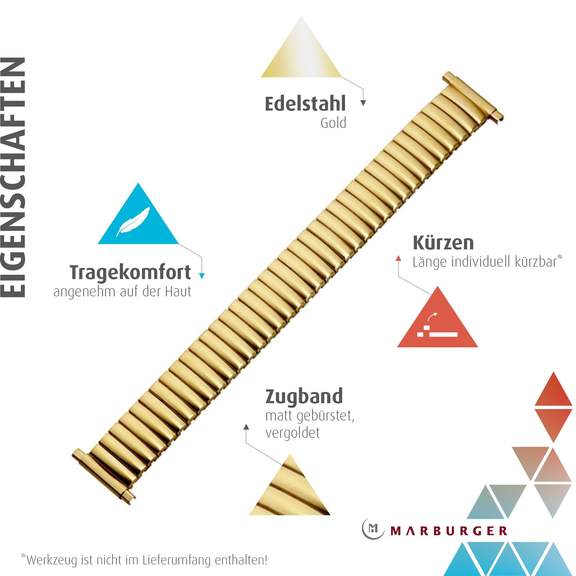 MARBURGER Uhrenarmband 16, 17, 18, 19, 20, 21, 22mm Edelstahl Gold Zugband