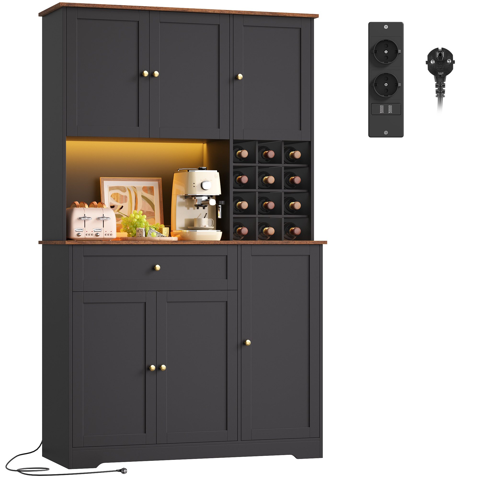 Homfa Küchenbuffet Küchenbuffet mit LED & Weinregal Küchenschrank Buffetsch günstig online kaufen