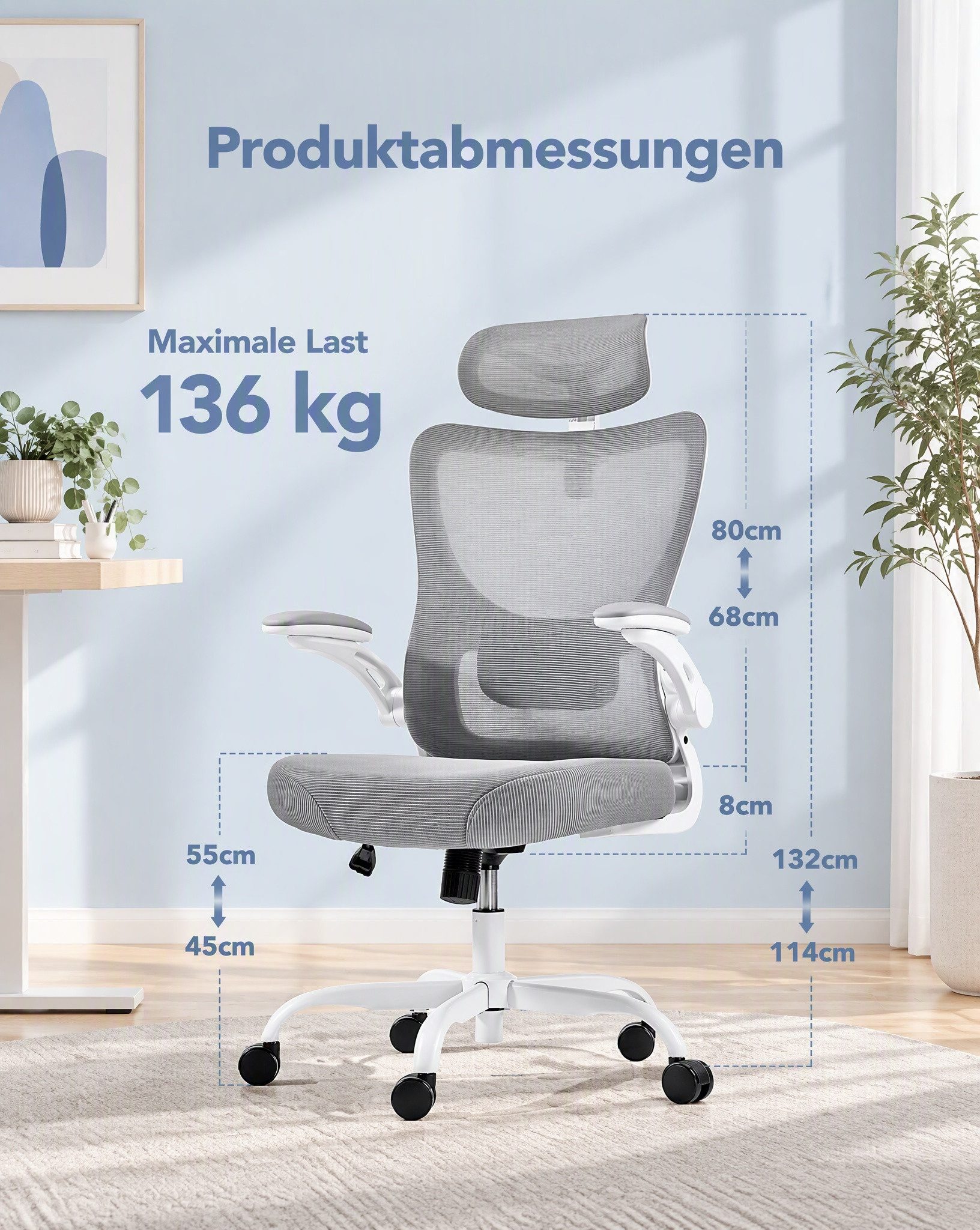 Marsail Bürostuhl Ergonomischer – Schreibtischstuhl Mesh mit 3D-verstellbaren Armlehnen (Dynamischer Lendenstütze, Wippfunktion), TÜV-geprüft, bis 136 kg – Idea – Bild 5 von 5