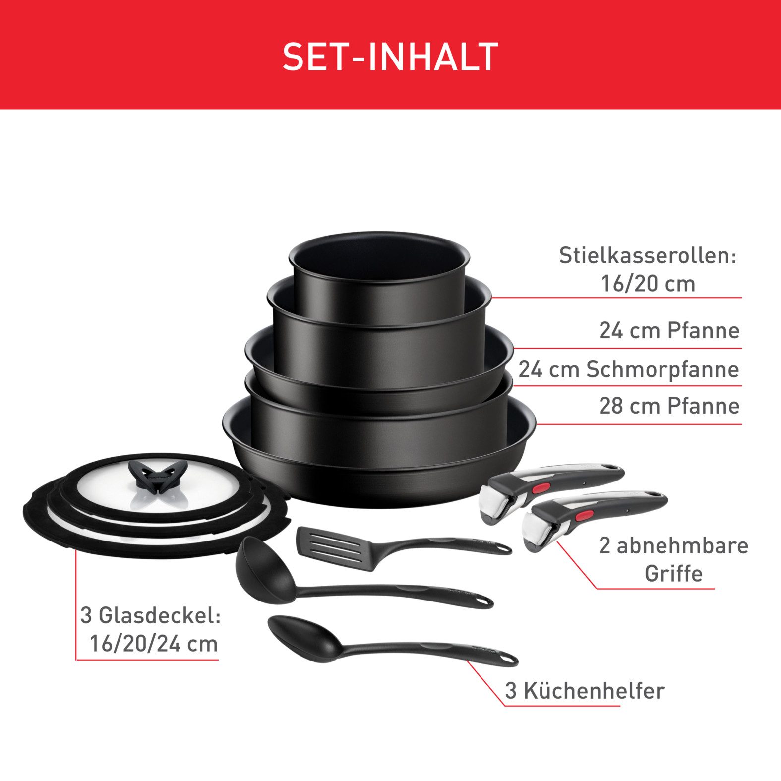 Tefal Topf-Set Ingenio Unlimited On, Topf und Pfannenset abnehmbarer Griff, stapelbar, Aluminium (Set, 13-tlg., Kasserollen 16/20/24cm, Pfannen 24/28cm, Griffe, Deckel, Küchenhelfer), platzsparend, Pfannen Induktion mit Antihaftversiegelung, L39593