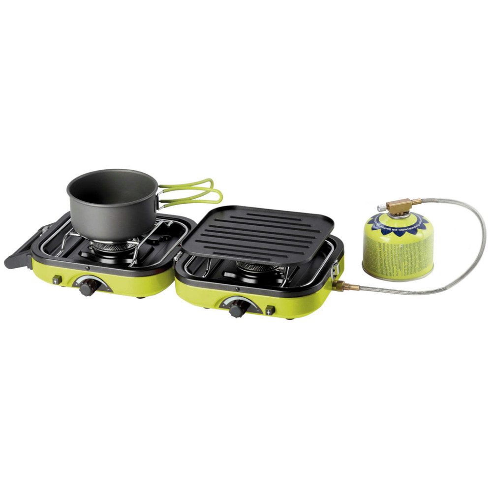 PrimeVal Gaskocher Doppelbrenner Grillkocher, (Spar-Set, 1-St., 51 x 22 x 10 cm kompakt), Klappbar, Piezozündung, 2 Brenner, Grillplatte