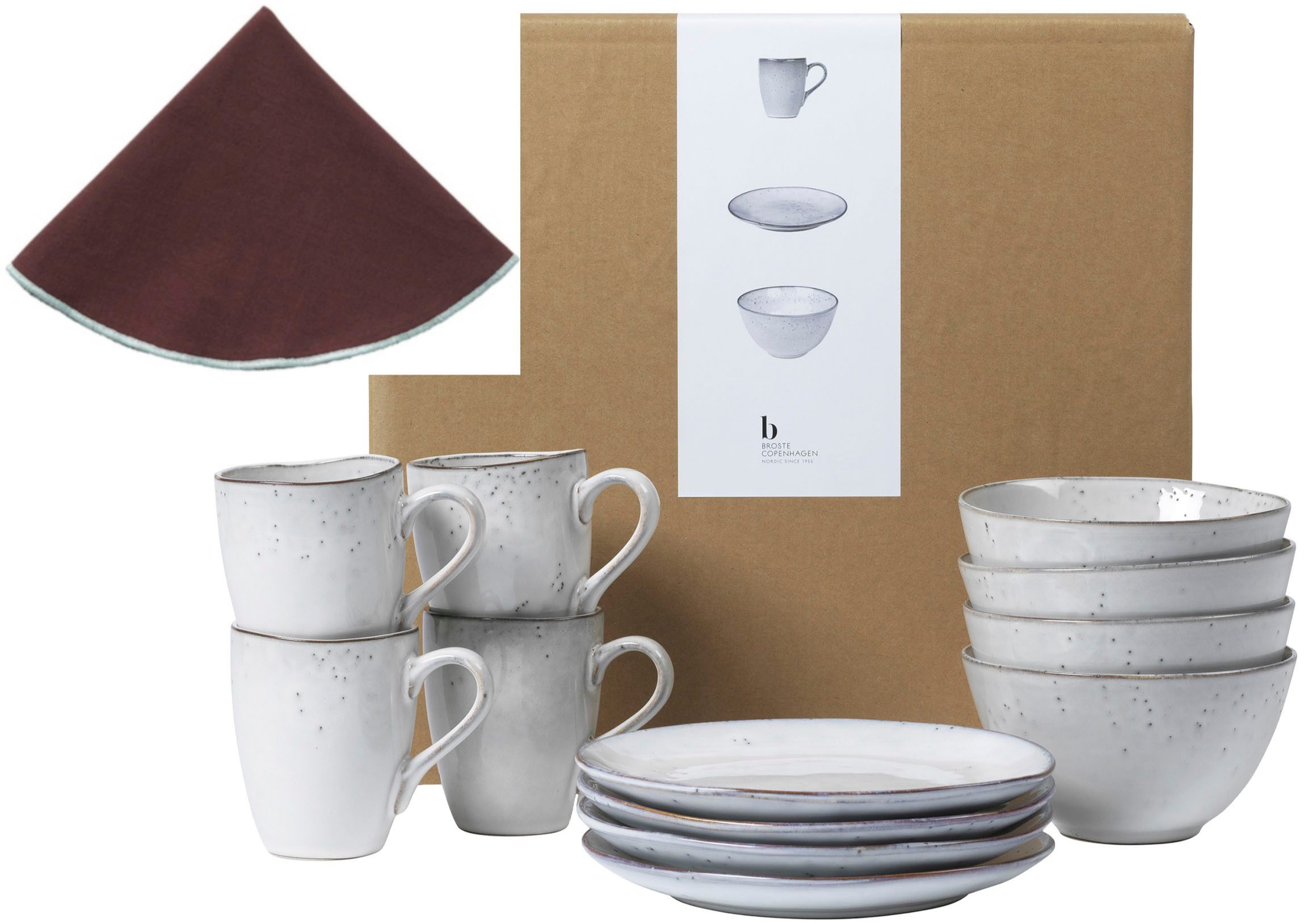 Broste Copenhagen Frühstücks-Geschirrset Nordic Sand, inklusive Serviette Wilhemina (16-tlg), 4 Personen, Keramik, Beliebte Geschirr Sets Exclusiv mit Geschenk