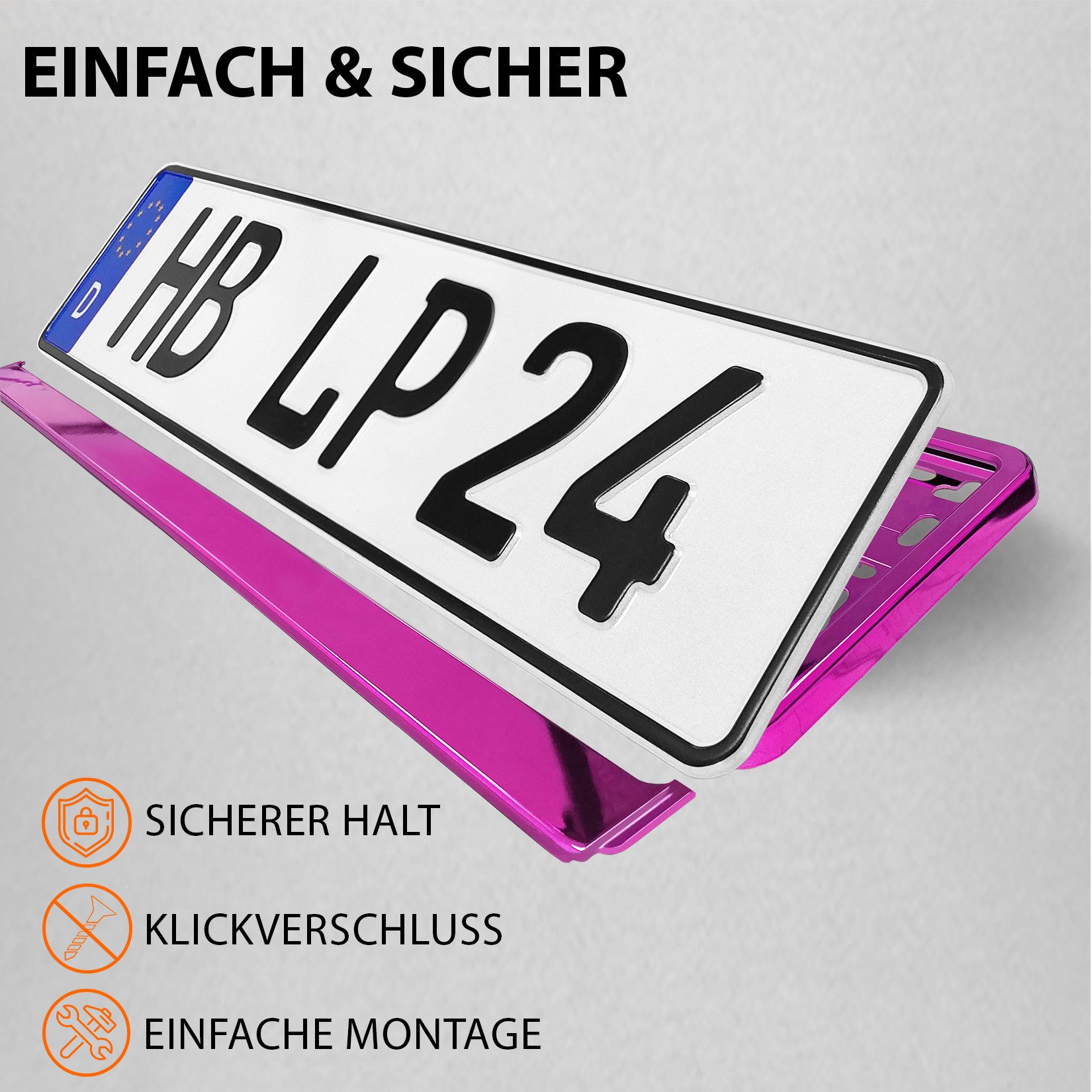 L & P Car Design Kennzeichenhalter für Auto Pink-Chrom Kennzeichenhalterung, (2 Stück) – Bild 5 von 5