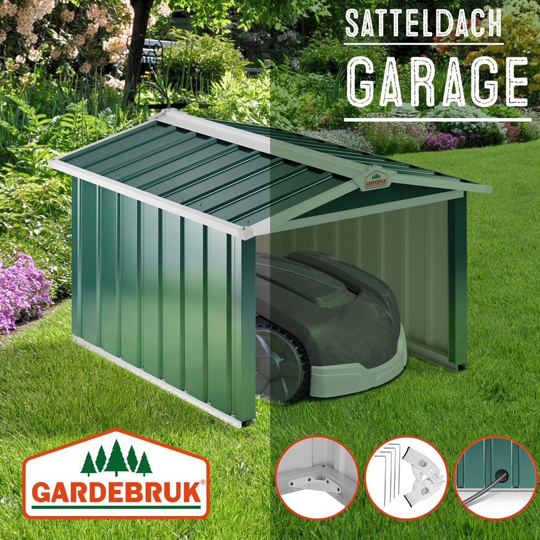 Gardebruk Mähroboter-Garage, Satteldach Metall 86x100x63cm Witterungsbeständig 4x Erdanker Carport grün
