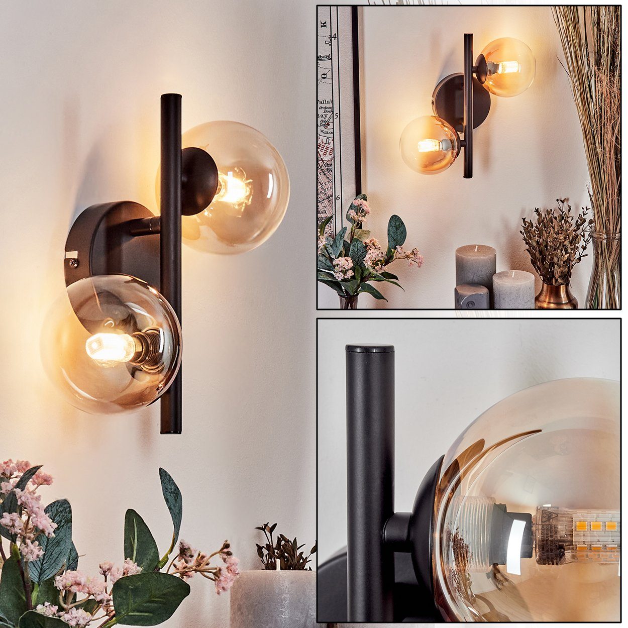 hofstein Wandleuchte Wandlampe aus Metall/Glas in Schwarz/Bernstein/Klar, o günstig online kaufen