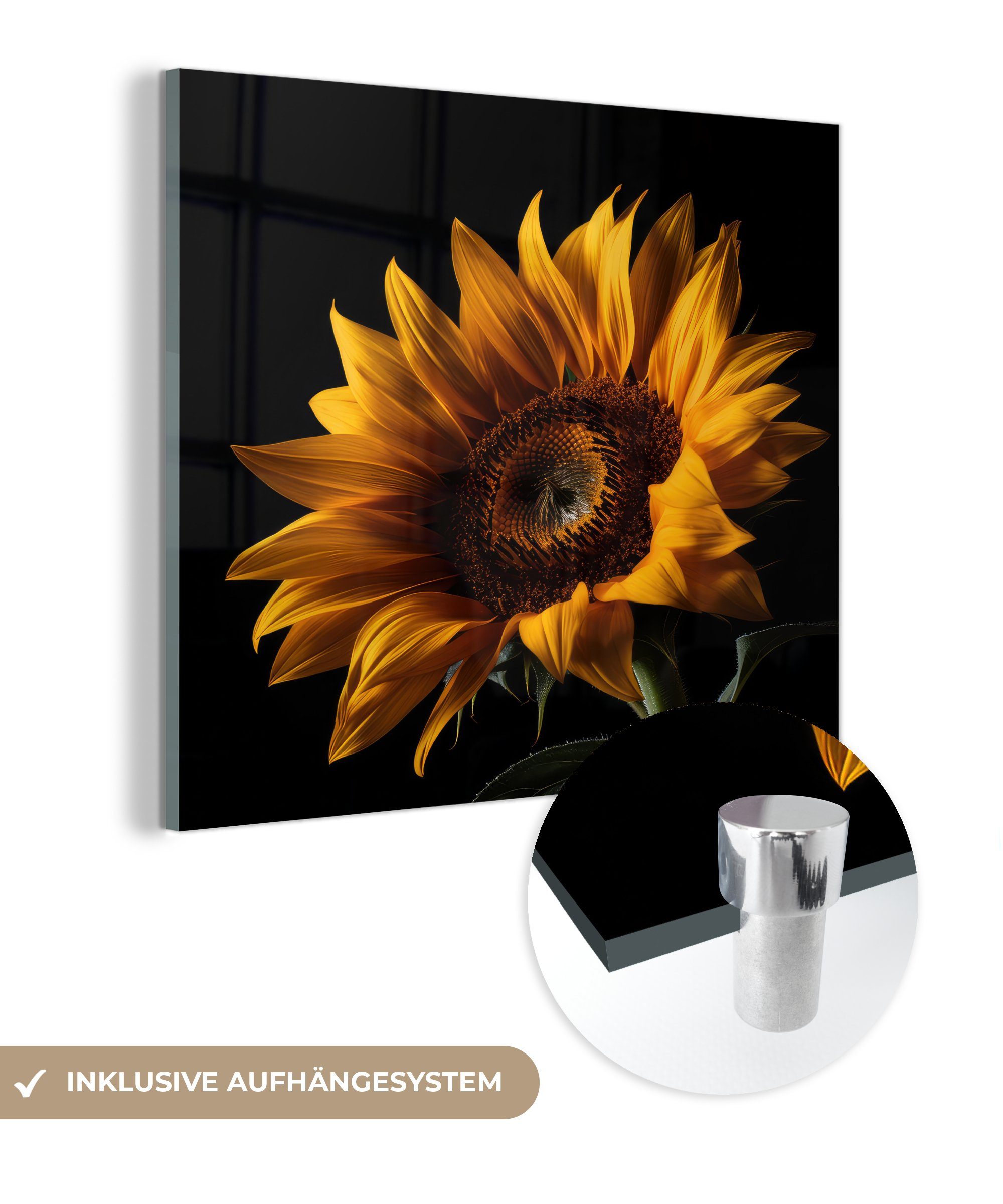 MuchoWow Acrylglasbild Blumen - Botanisch - Schwarz - Sonnenblume, (1 St), Glasbilder - Bilder auf Glas Wandbild - Foto auf Glas - Wanddekoration