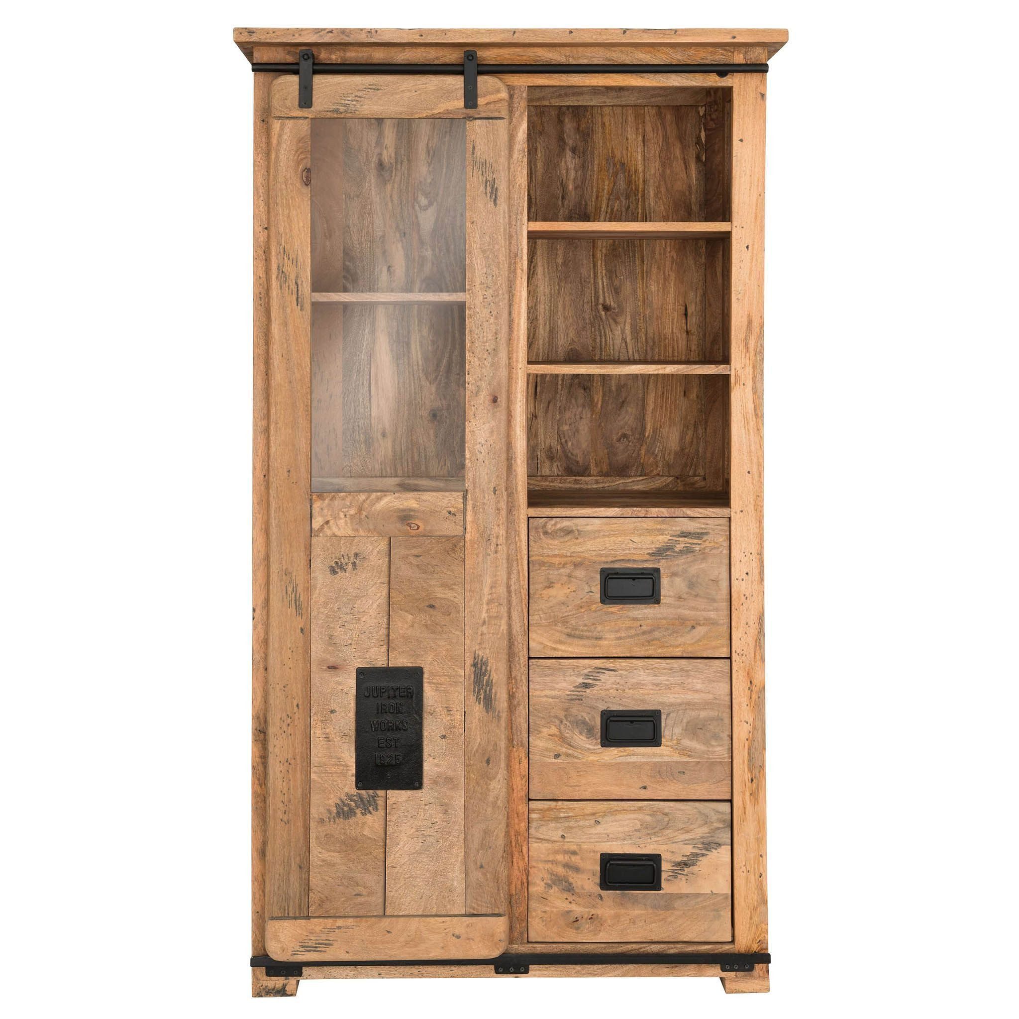 bene living Standvitrine Florenz Vintage - 100 cm - Mangoholz (Indoor-Möbelset, 1-St) hochwertiges Massivholz - Schiebetür, Schubladen und Fächer