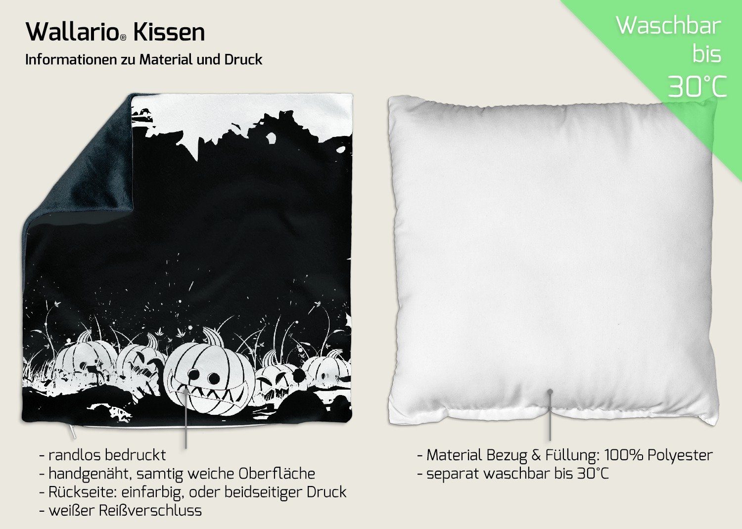 Wallario Dekokissen Halloween schwarz-weiß, in und Fledermäuse Kürbisse - handgenäht Comic Stil