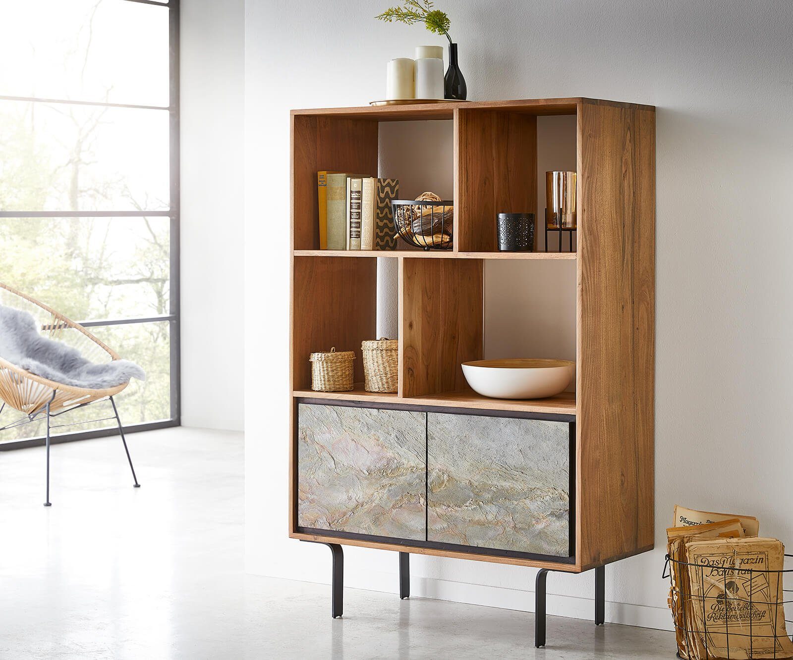 DELIFE Highboard Juwelo, 88 cm Akazie Natur Stein Beine Schwarz