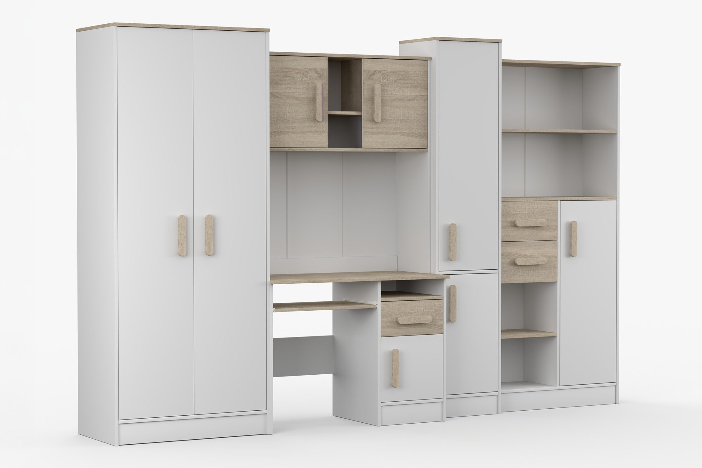 Deine Möbel 24 Jugendzimmer-Set MIKI Jugend-Schrankwand Jugendzimmer Jugendmöbel 5-teilig in Weiß, (Set, 5-tlg., 5-teiliges Möbelset für das Jugendzimmer), Schreibtisch, Schreibtisch Aufsatz, 2x Regal, Schrank