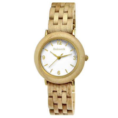 Holzwerk Quarzuhr FREITAL kleine Damen Edelstahl & Holz Armband Uhr, beige, weiß & gold