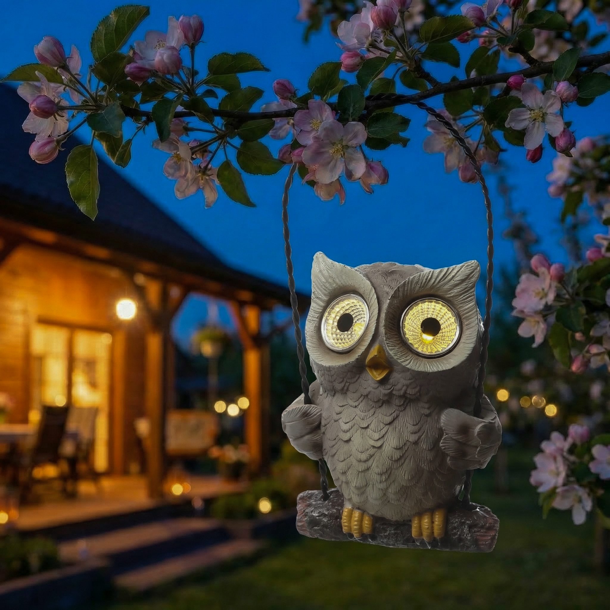 MARELIDA LED Solarleuchte LED Solar Eule auf Schaukel Gartenfigur Tierfigur Eulenfigur H: 19cm, LED Classic, warmweiß (2100K bis 3000K)