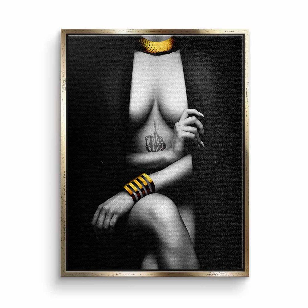 DOTCOMCANVAS® Leinwandbild, Leinwand Elegant Pose schwarz grau gold Frau Erotik elegant mit premiu goldener Rahmen