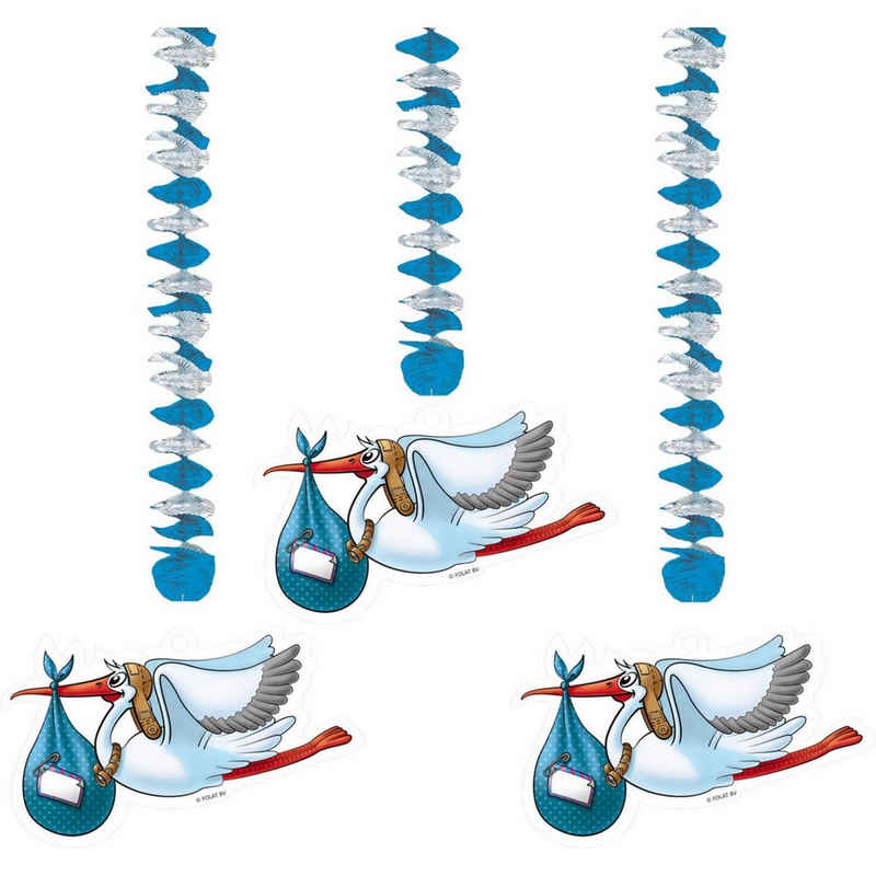 Folat Luftschlange »3 Storch Baby Dekospiralen blau«, Partydeko für Baby Shower oder Taufparty
