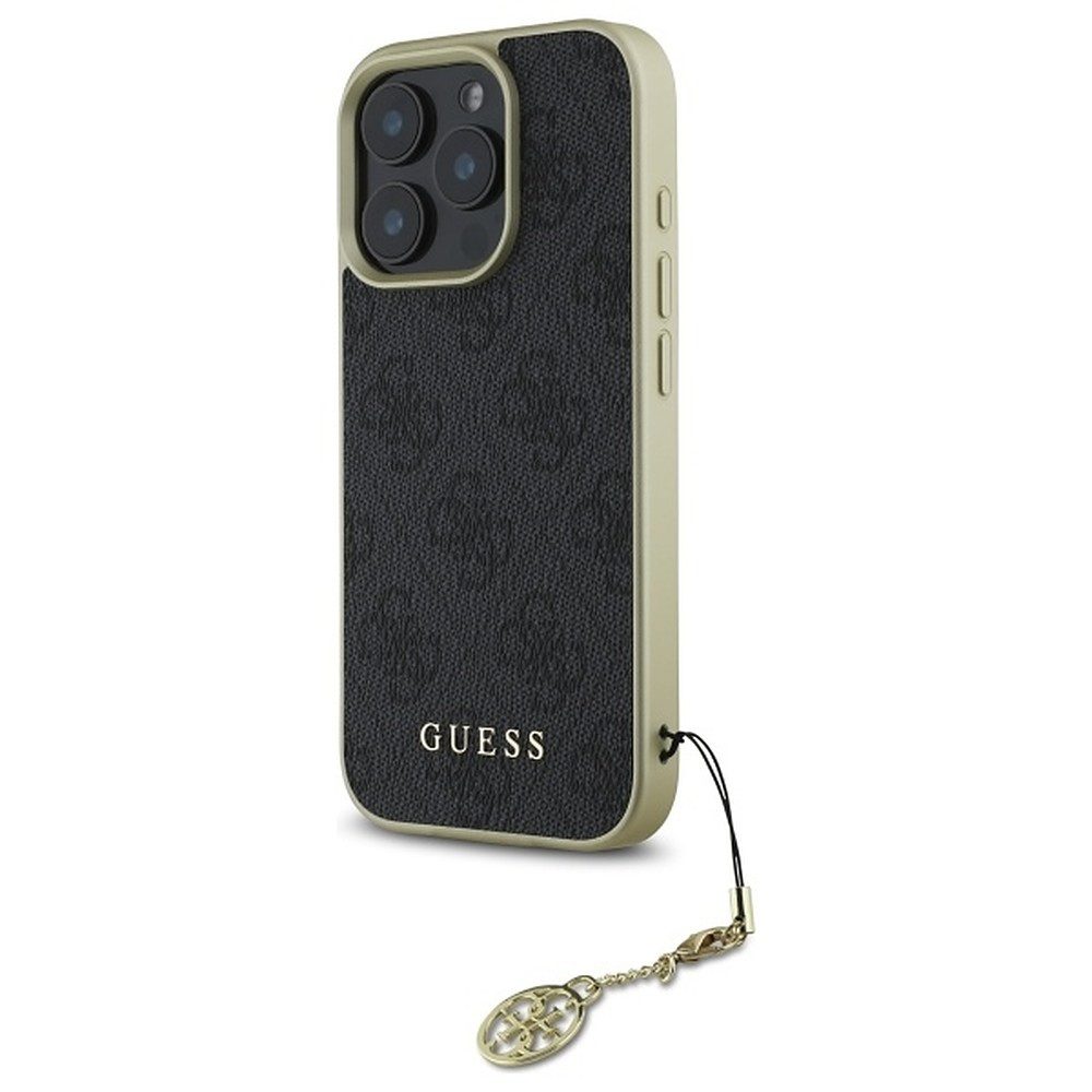 Guess Handyhülle Schutzhülle Anhänger, Goldfarbener Charm-Anhänger, 4G-Musterdruck, Kunstleder-Optik
