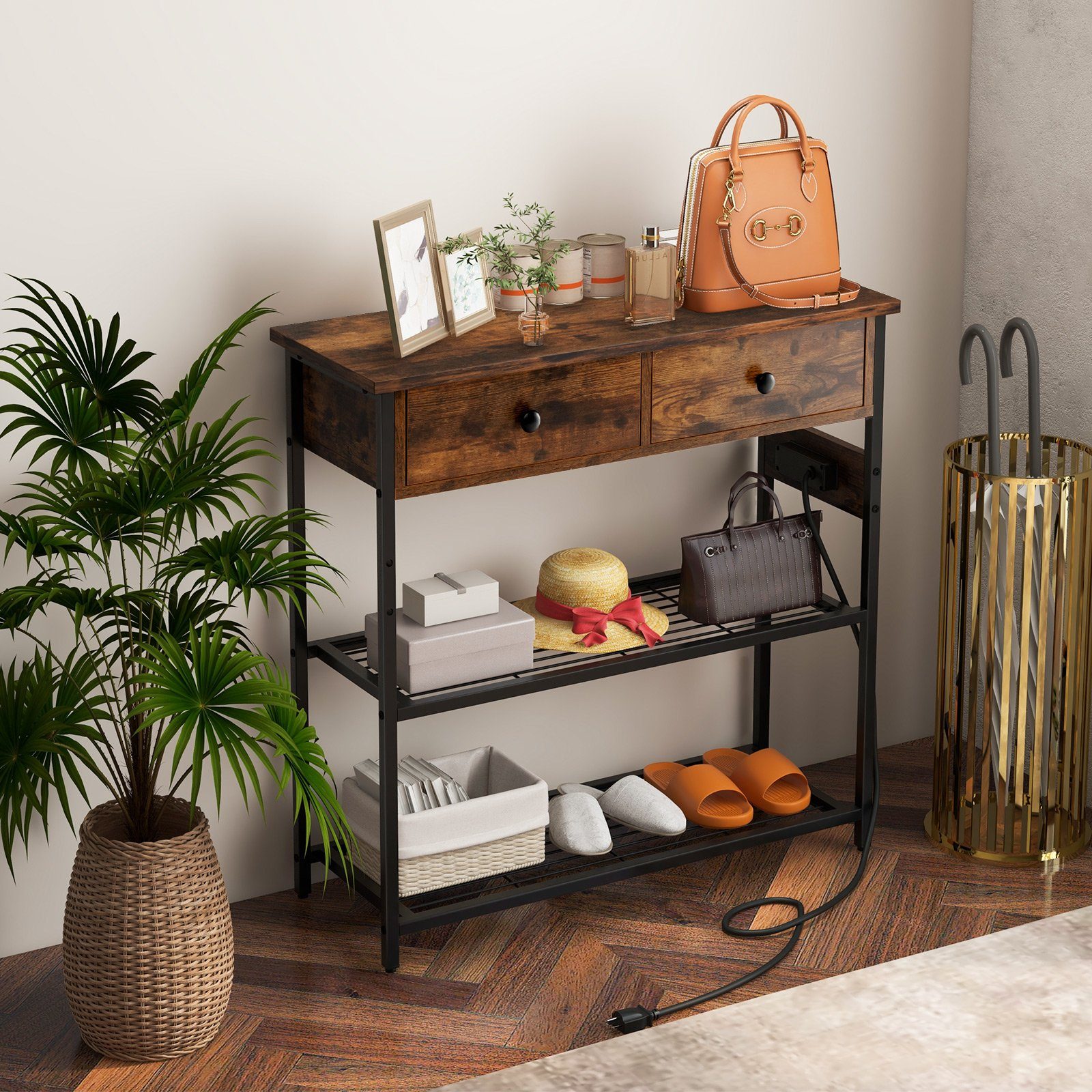 COSTWAY Konsolentisch, schmal, mit 2 Schubladen&Ladestation, Holz 30x81x81c günstig online kaufen