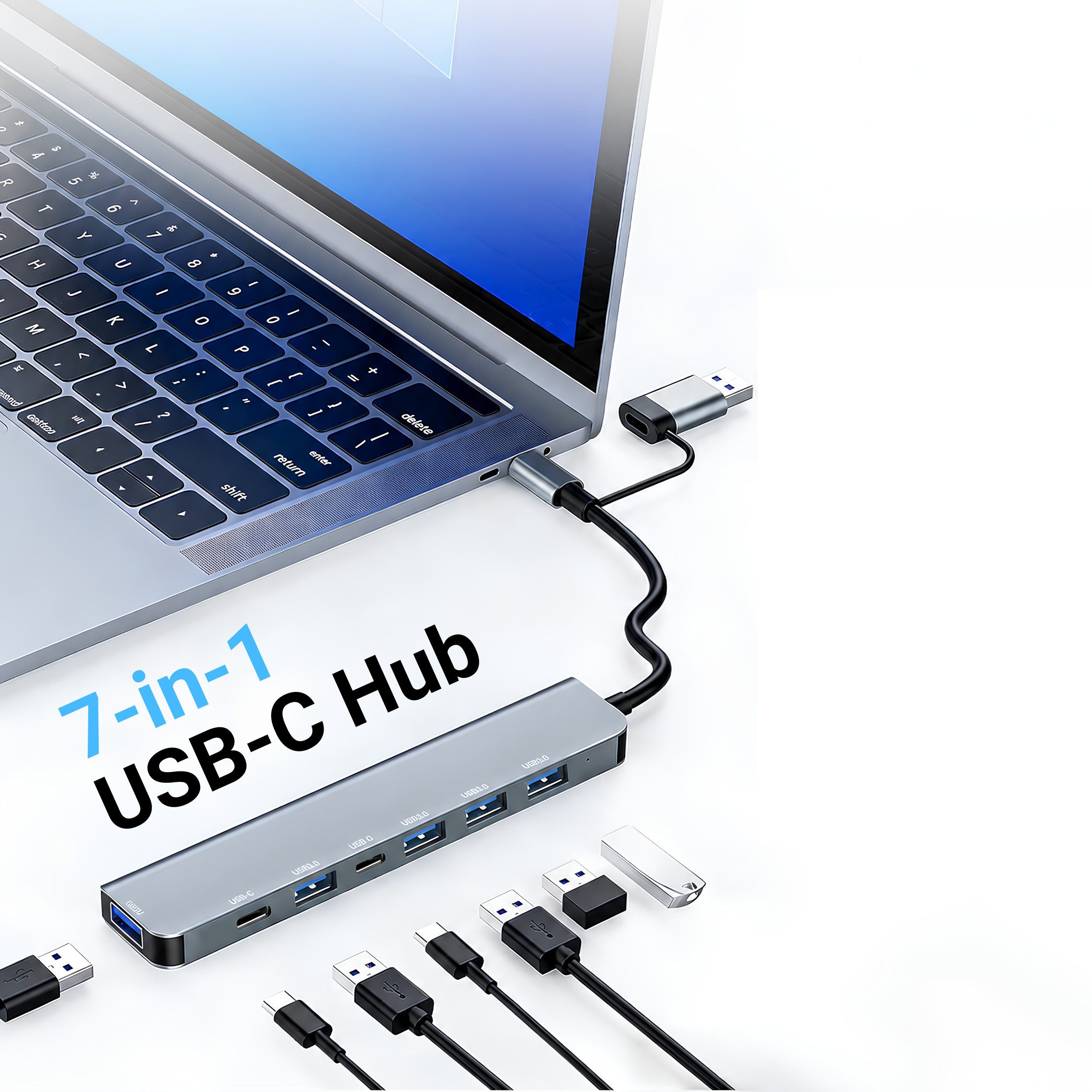 PlugUp Laptop-Dockingstation USB-C Multiport 7 in 1 Adapter mit USB-C & USB 3.0 USB-Port, Universell kompatibel mit macOS, Windows, Linux