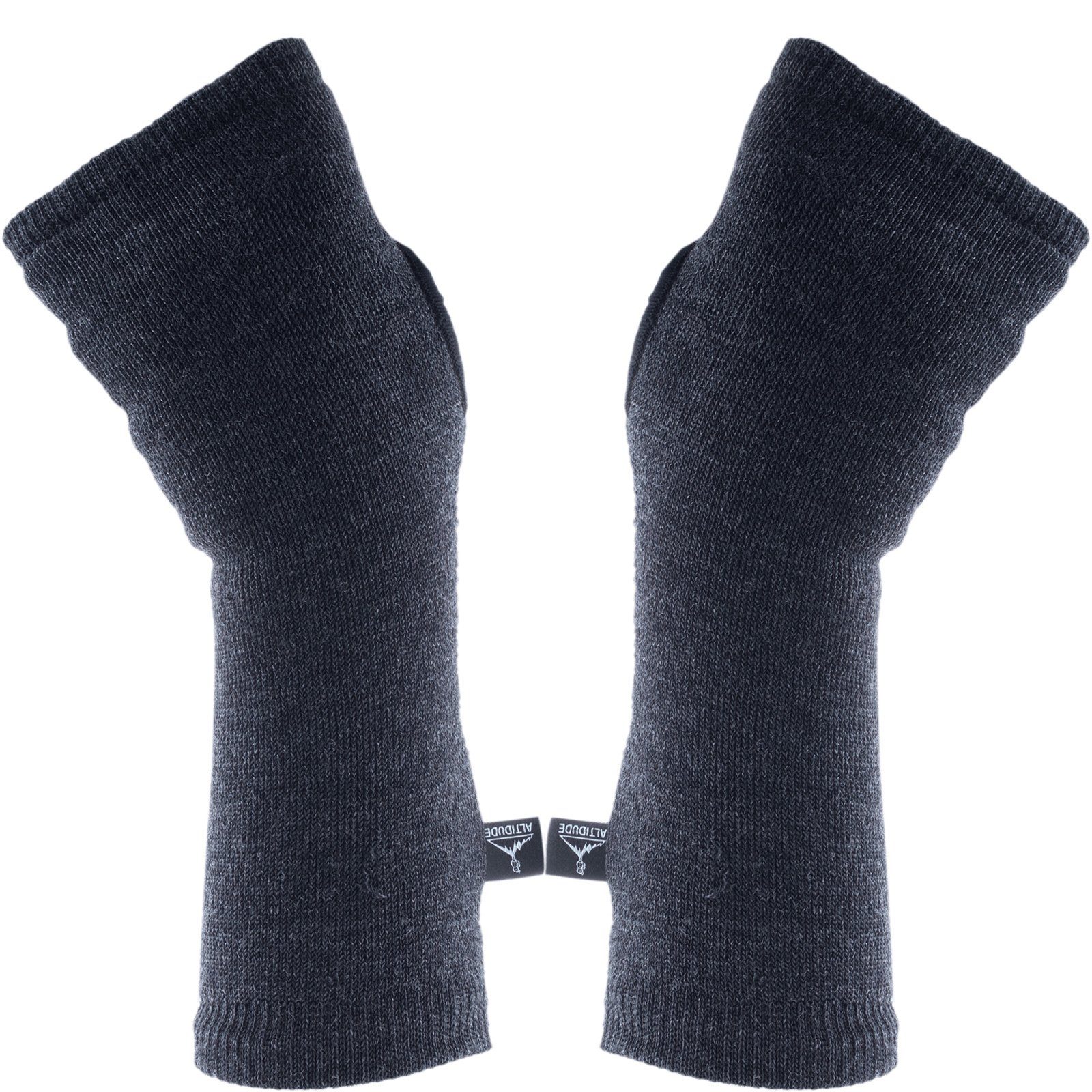 ALTIDUDE Unterziehhandschuhe Wristwarmer Terry Arm Stulpen Pulswärmer Fingerlos 100% Merino Wolle Dunkelgrau