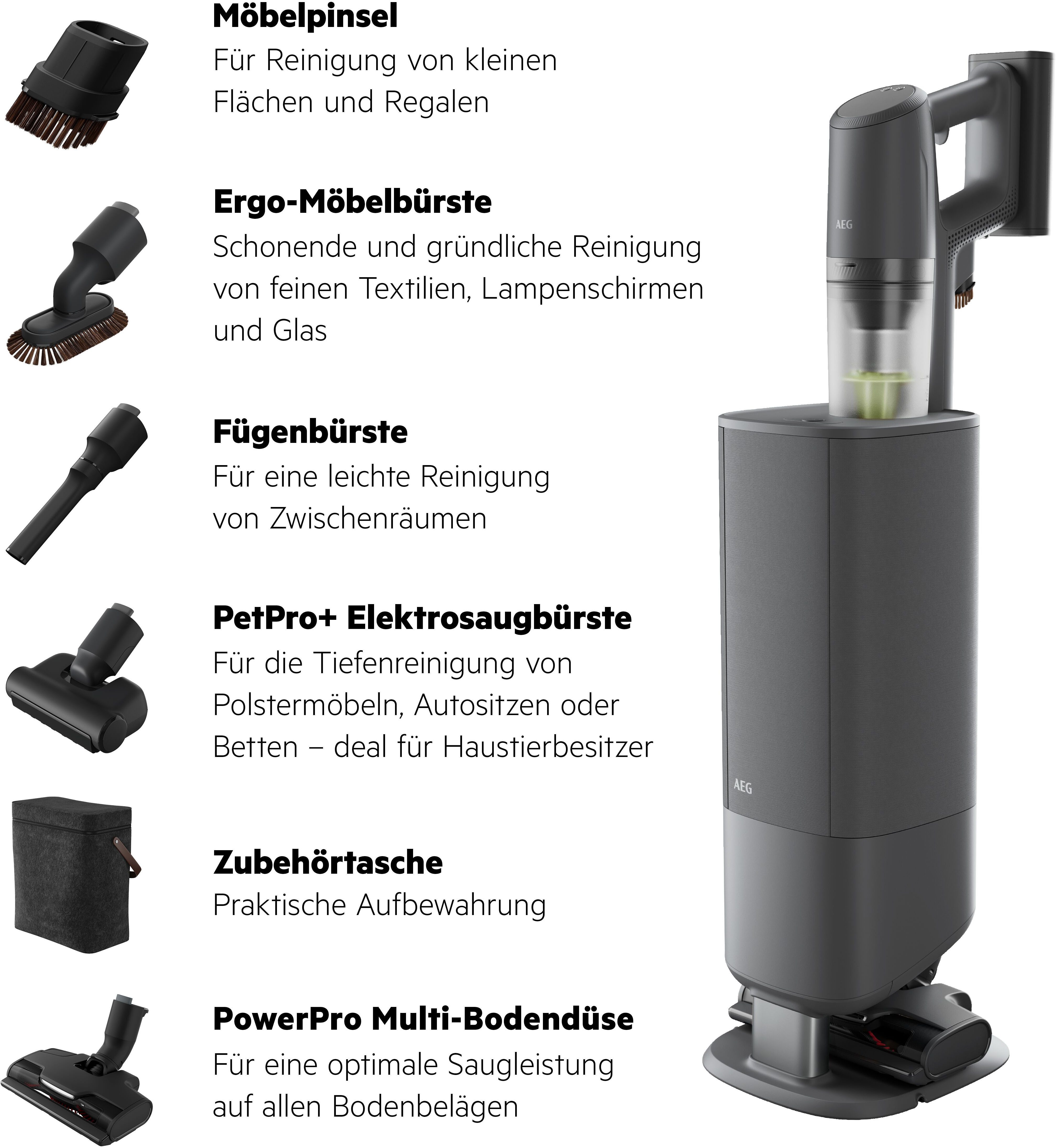 AEG Akku-Hand-und Stielstaubsauger ULTIMATE 8000 (AP83AB25DG), beutellos, mit Absaugstation, 0 W, Hygienische Absaugung des Staubbehälters ohne Kontakt mit Schmutz