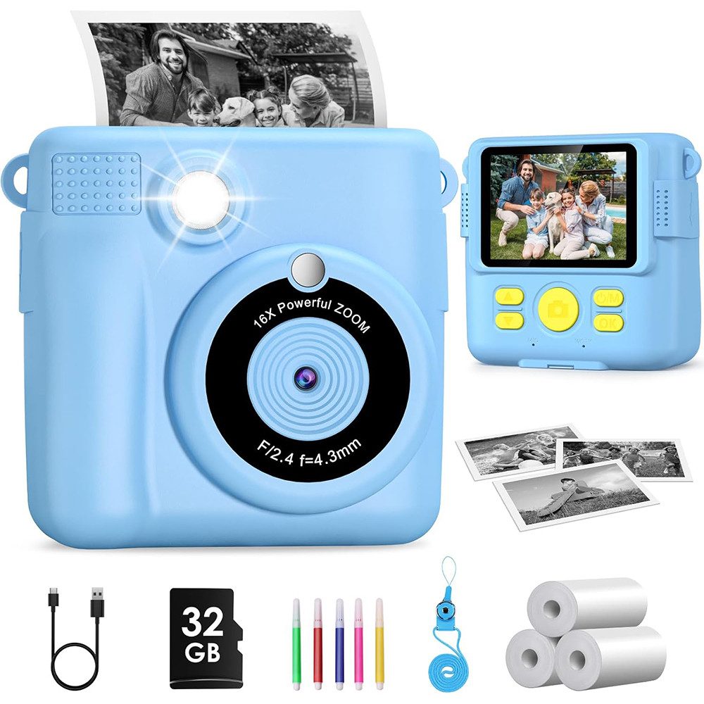 TUWENA Kinderkamera Sofortbildkamera, Digitalkamera mit Druckpapier 32G Karte Sofortbildkamera (1080P 16x Digitalzoom 2,4 Zoll Bildschirm für Kinder 3-12 Jahren)