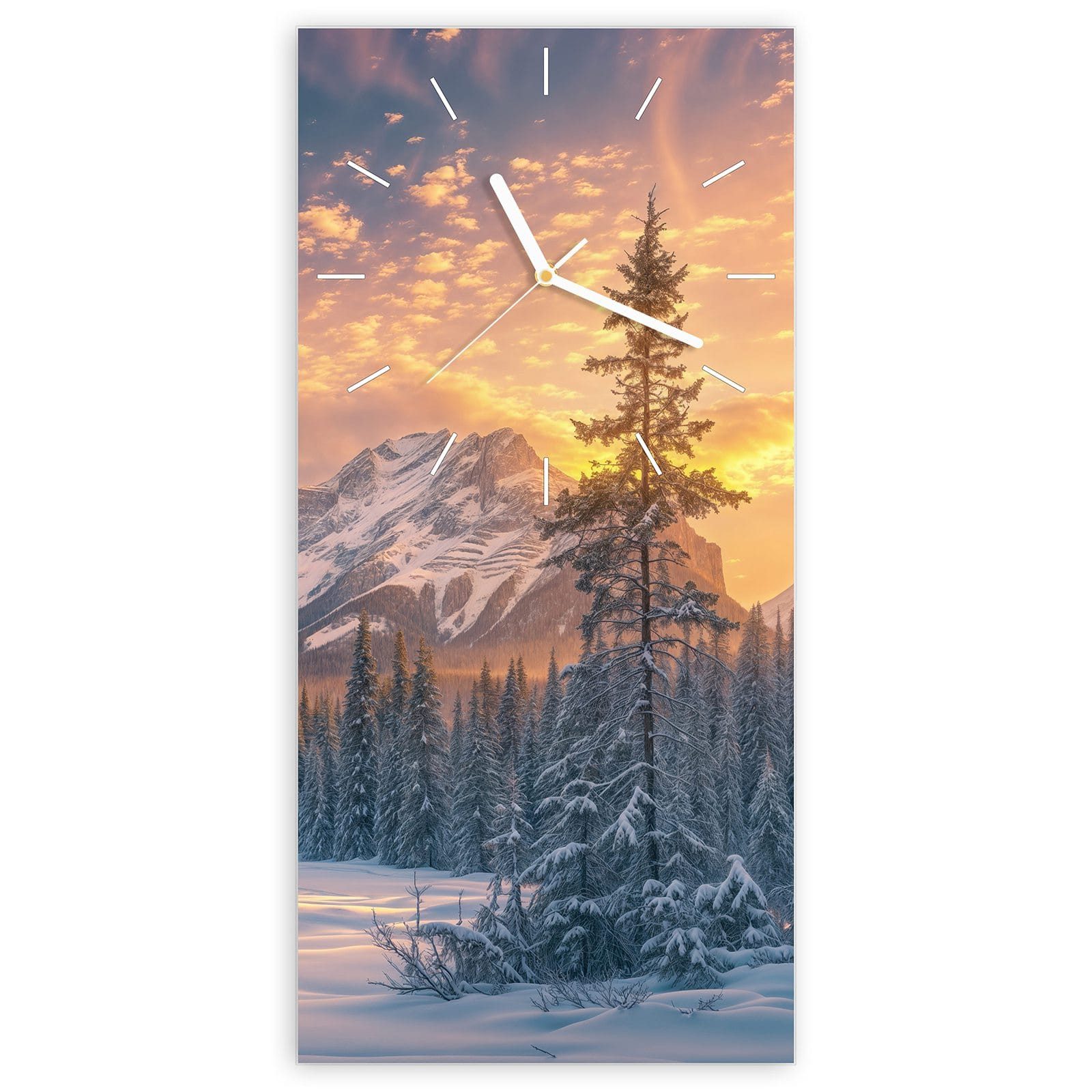 Wanduhr Glasuhr Wandkunst Größe 30 x 60 cm mit Motiv Berglandschaft Winter